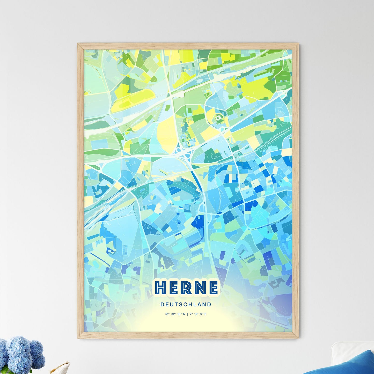 Colorful HERNE GERMANY Fine Art Map Cool Blue