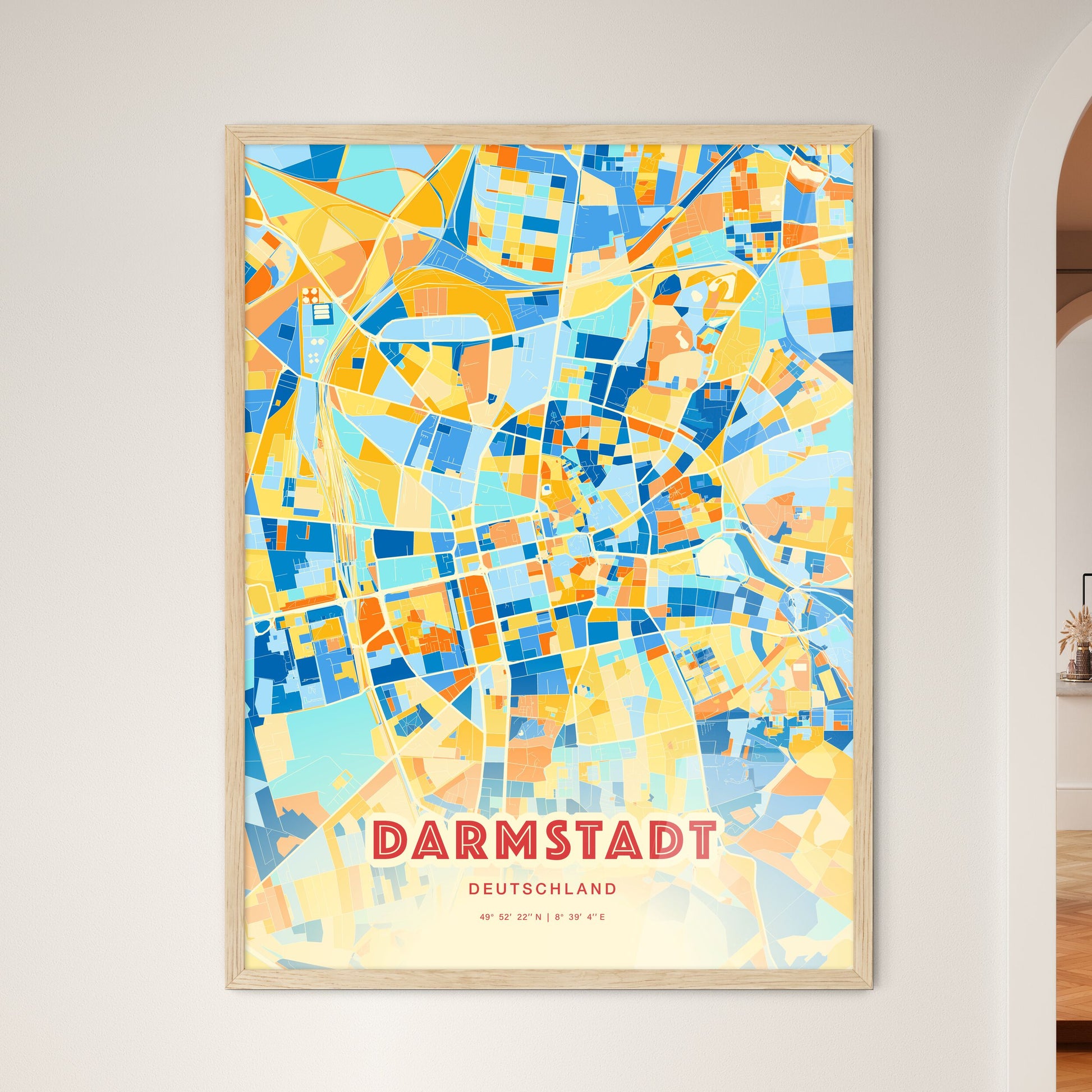 Colorful Darmstadt Germany Fine Art Map Blue Orange