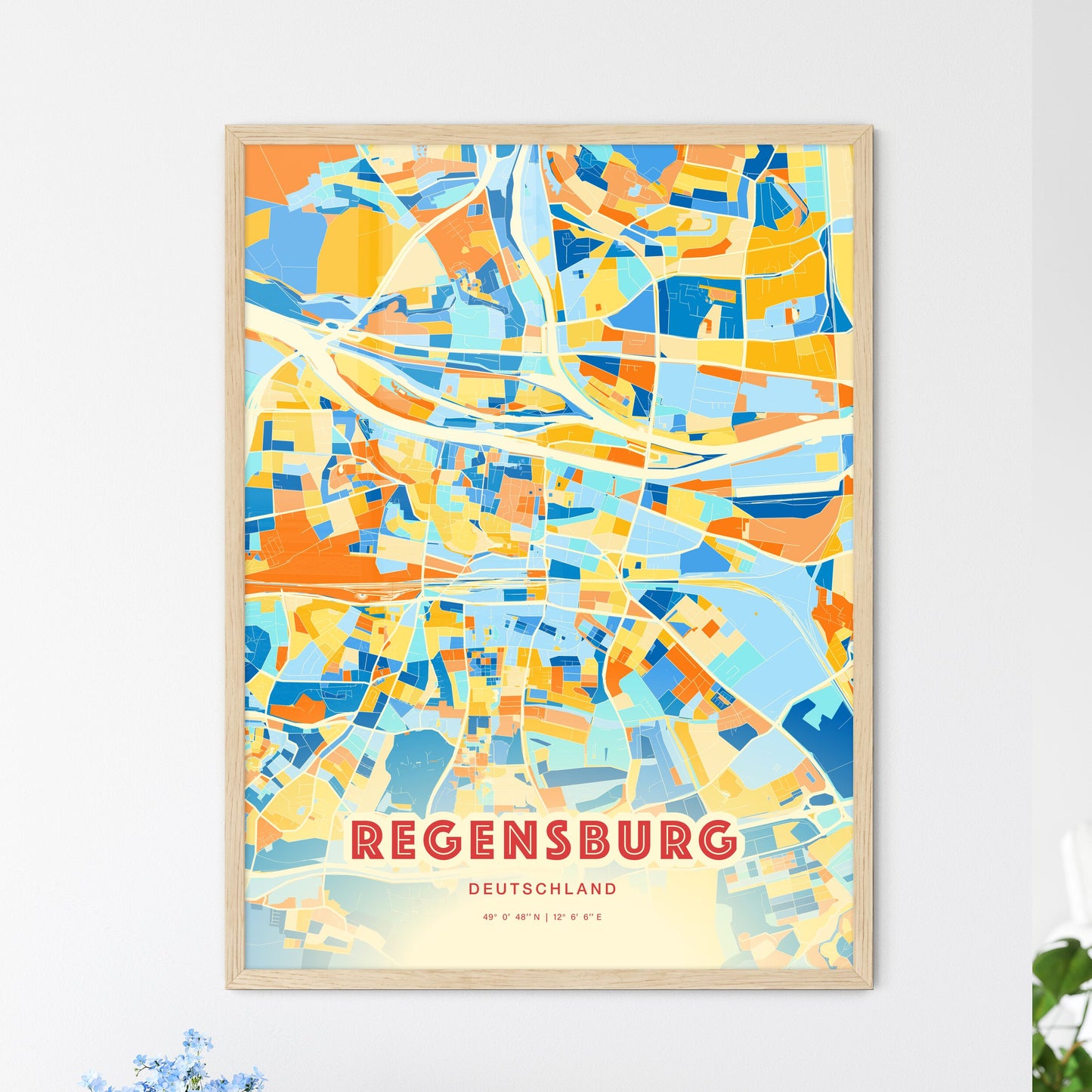 Colorful Regensburg Germany Fine Art Map Blue Orange