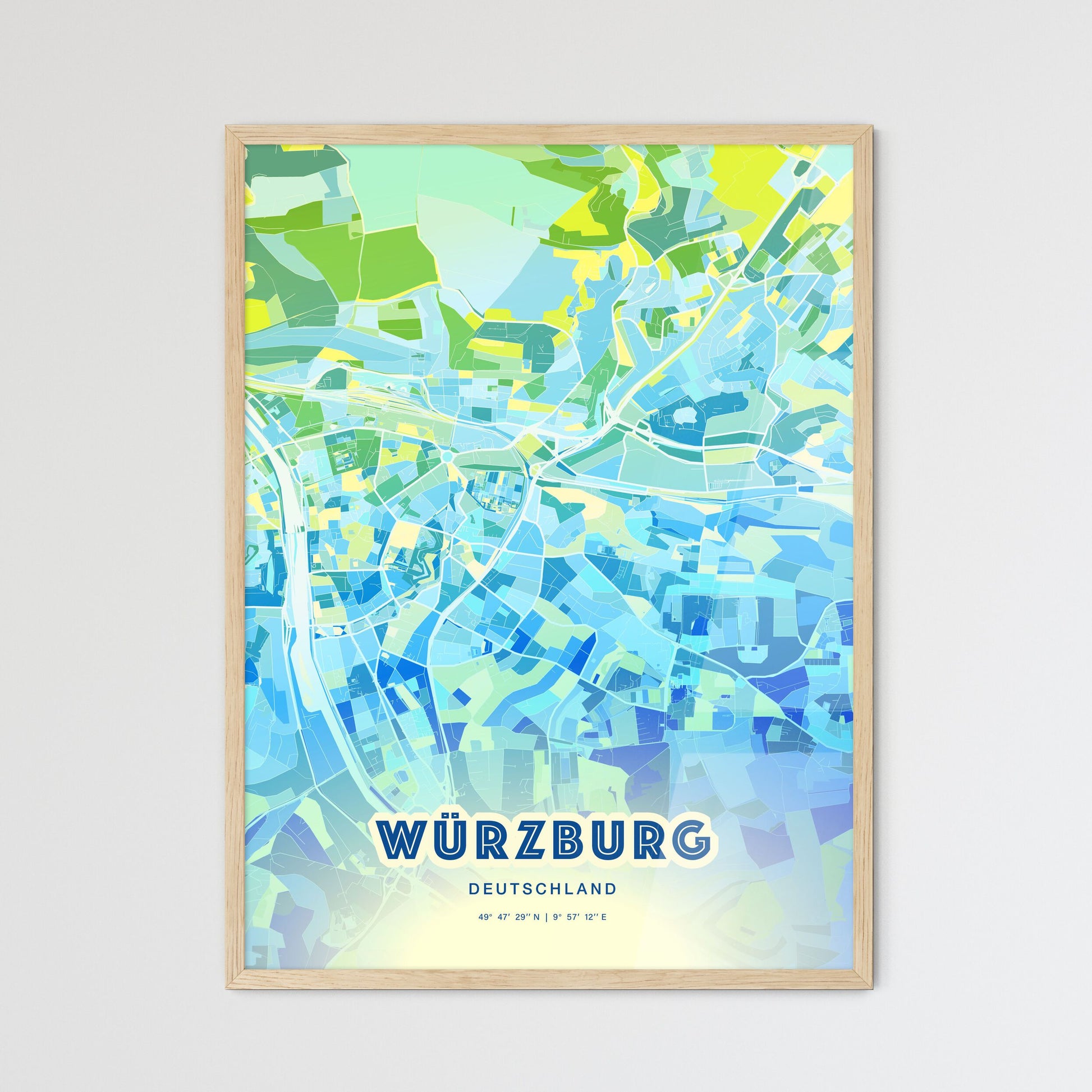 Colorful WURZBURG GERMANY Fine Art Map Cool Blue