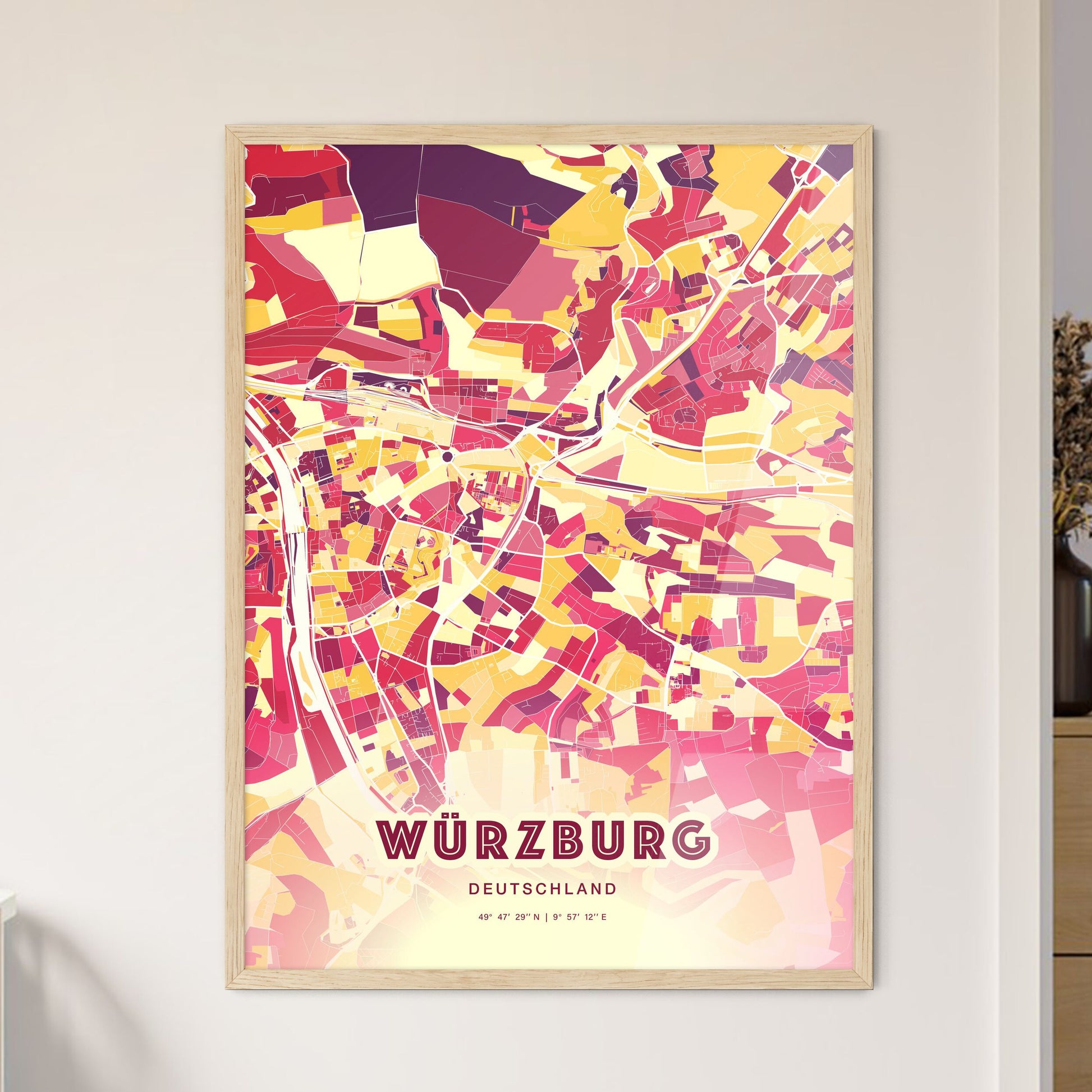 Colorful WURZBURG GERMANY Fine Art Map Hot Red