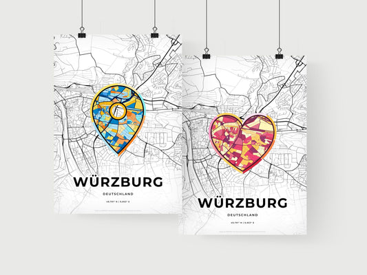 WURZBURG GERMANY minimal art map with a colorful icon. Where it all began, Couple map gift.