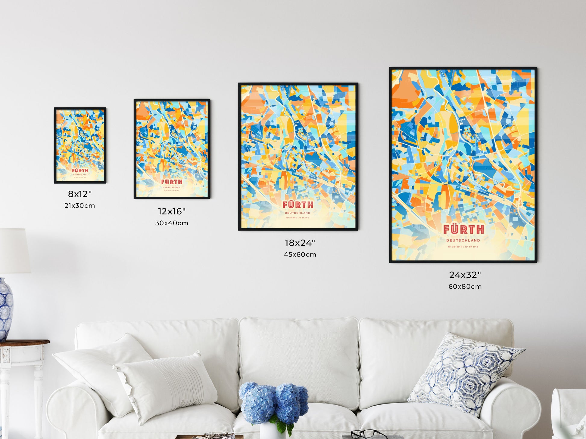 Colorful FURTH GERMANY Fine Art Map Blue Orange