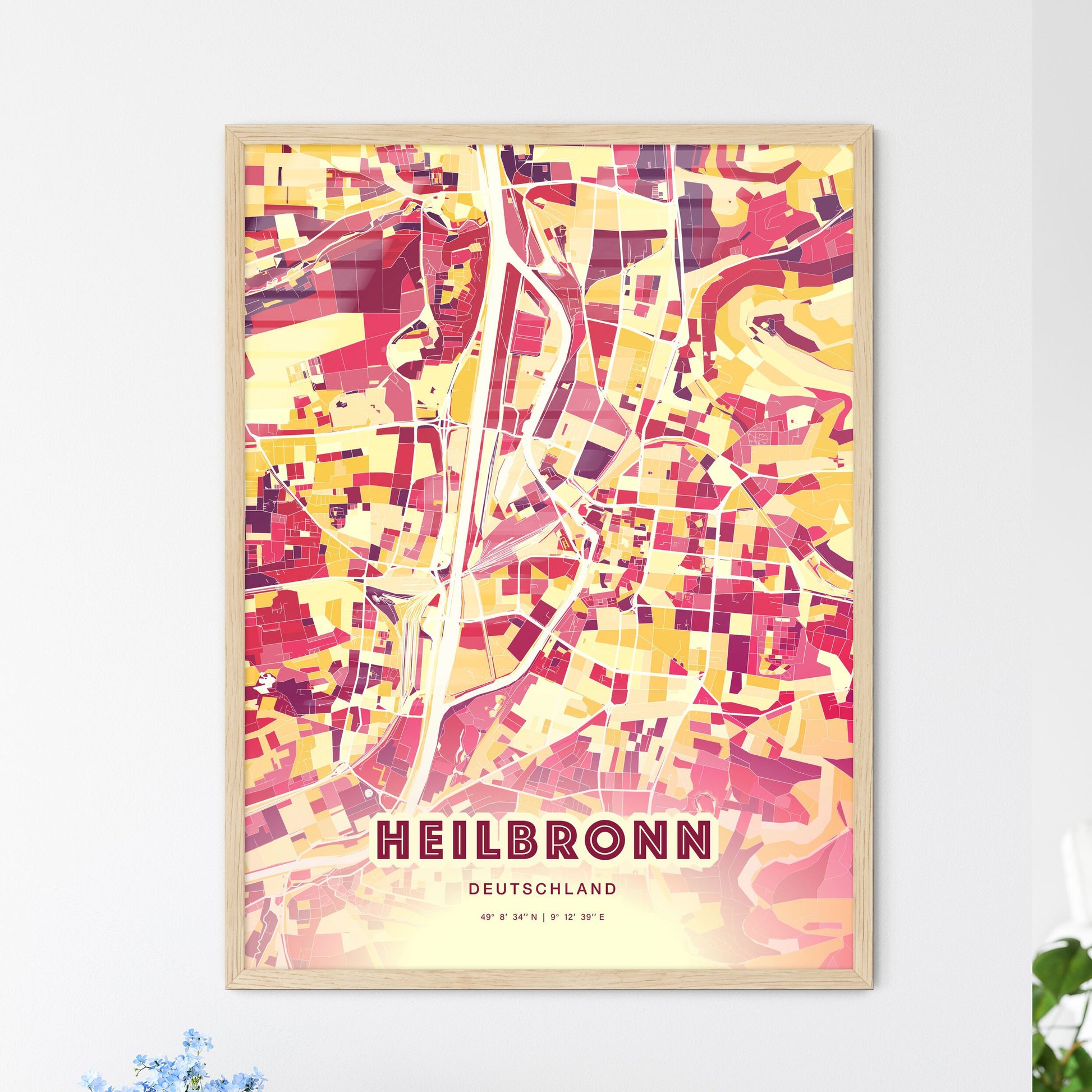 Colorful HEILBRONN GERMANY Fine Art Map Hot Red