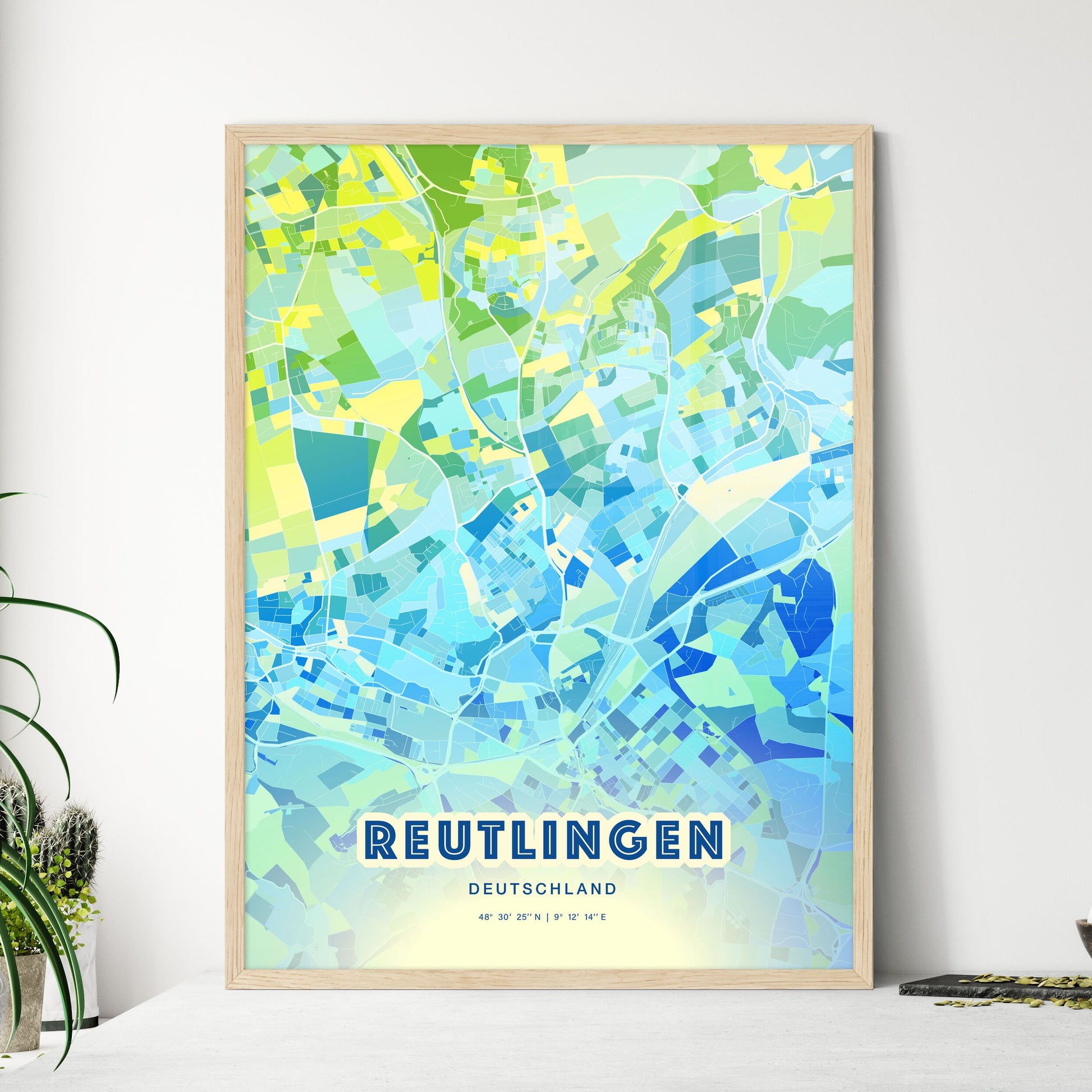 Colorful REUTLINGEN GERMANY Fine Art Map Cool Blue