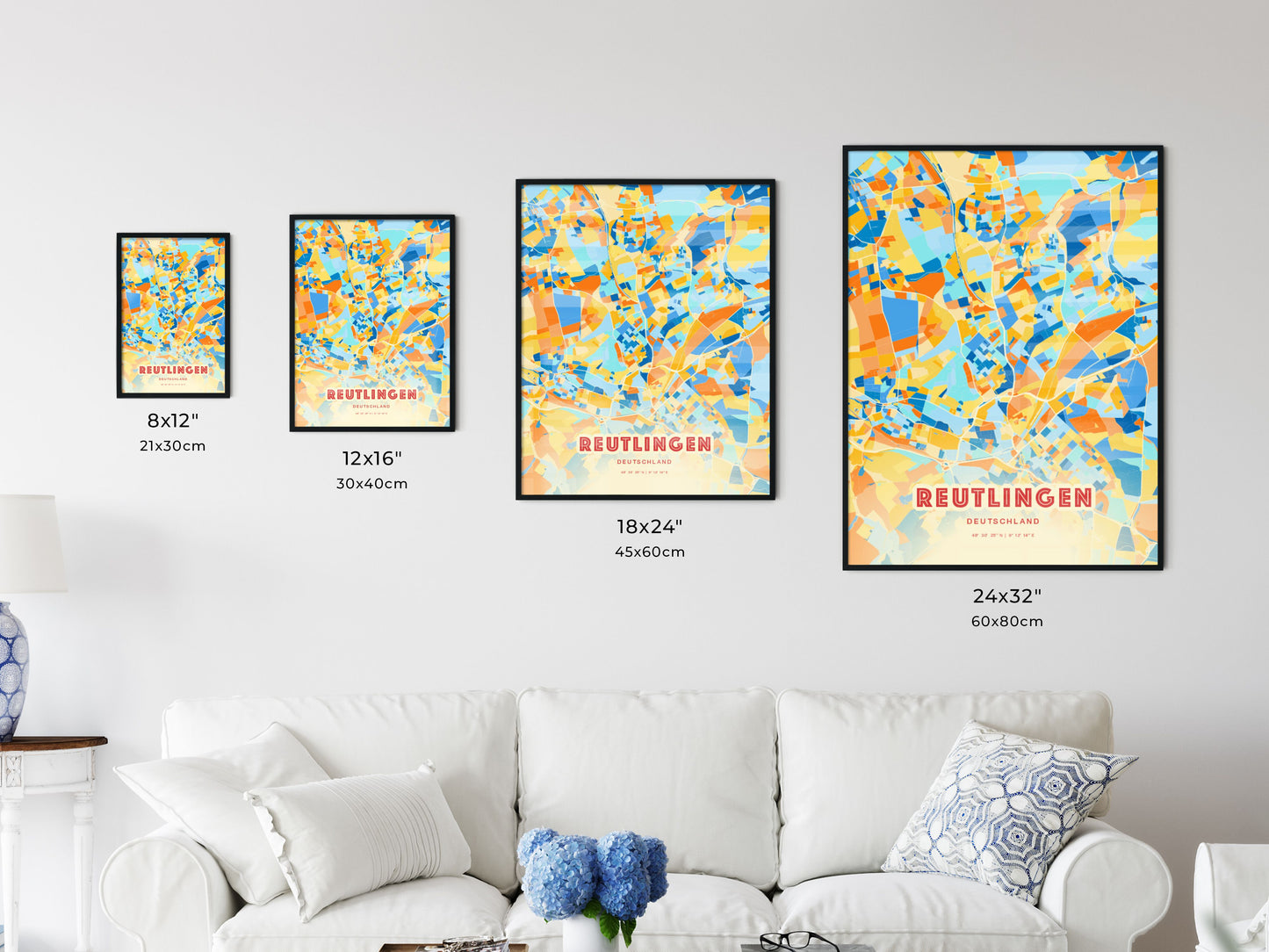 Colorful REUTLINGEN GERMANY Fine Art Map Blue Orange