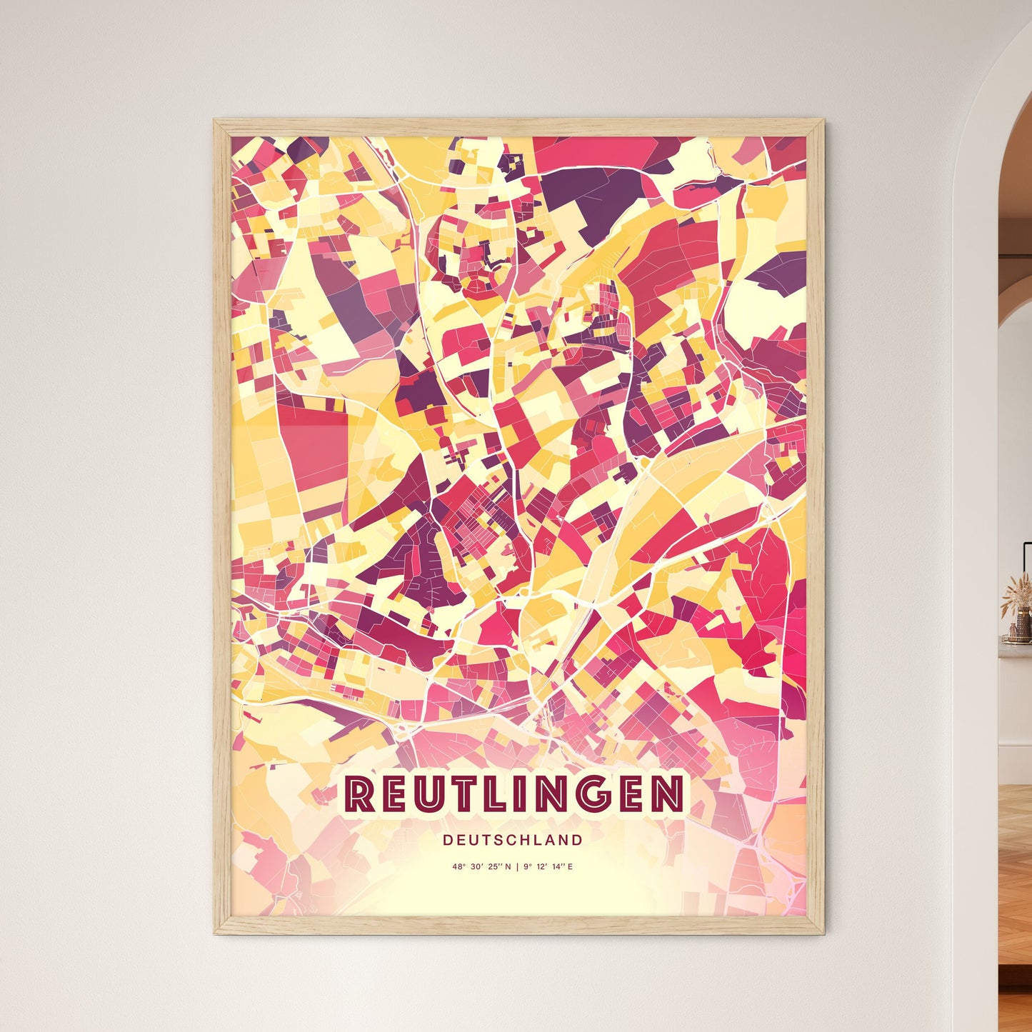 Colorful REUTLINGEN GERMANY Fine Art Map Hot Red