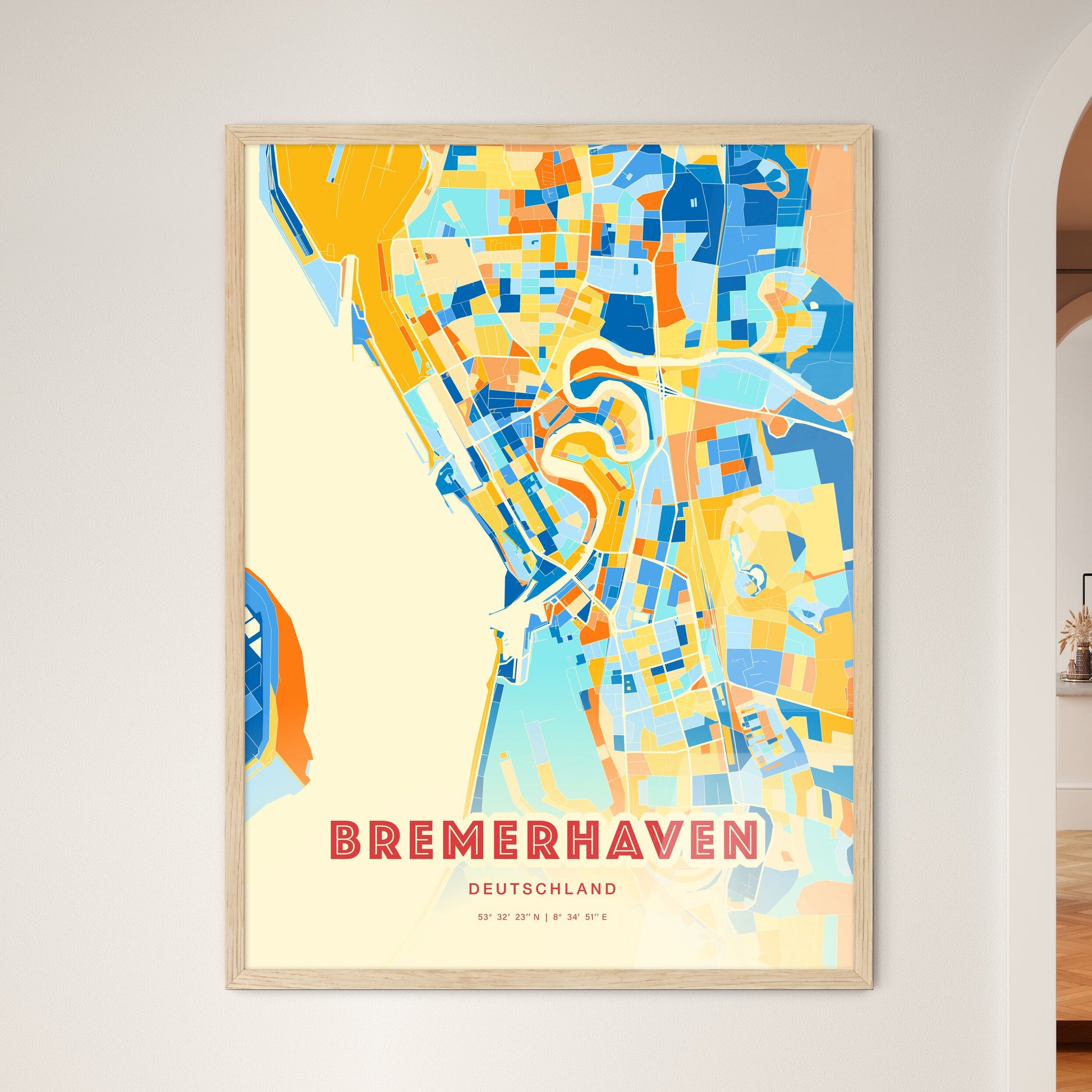 Colorful Bremerhaven Germany Fine Art Map Blue Orange