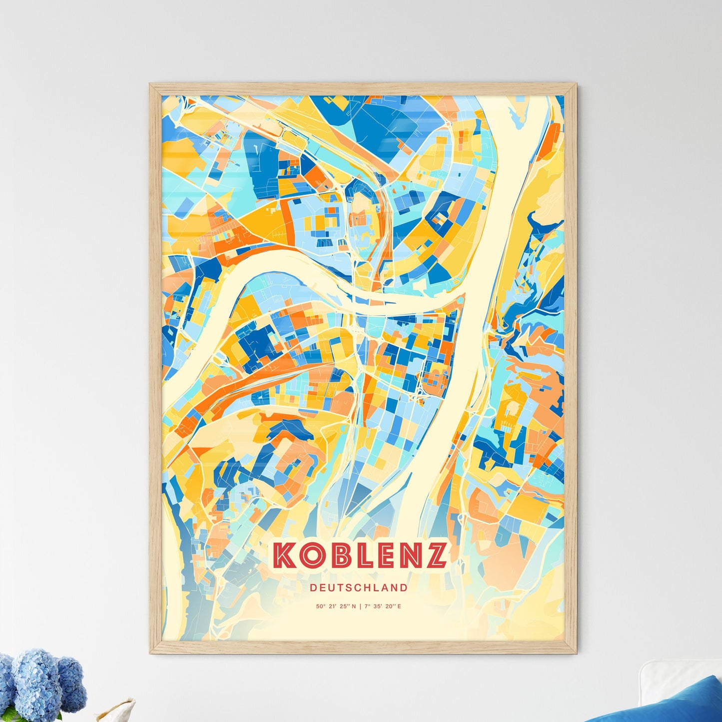 Colorful Koblenz Germany Fine Art Map Blue Orange