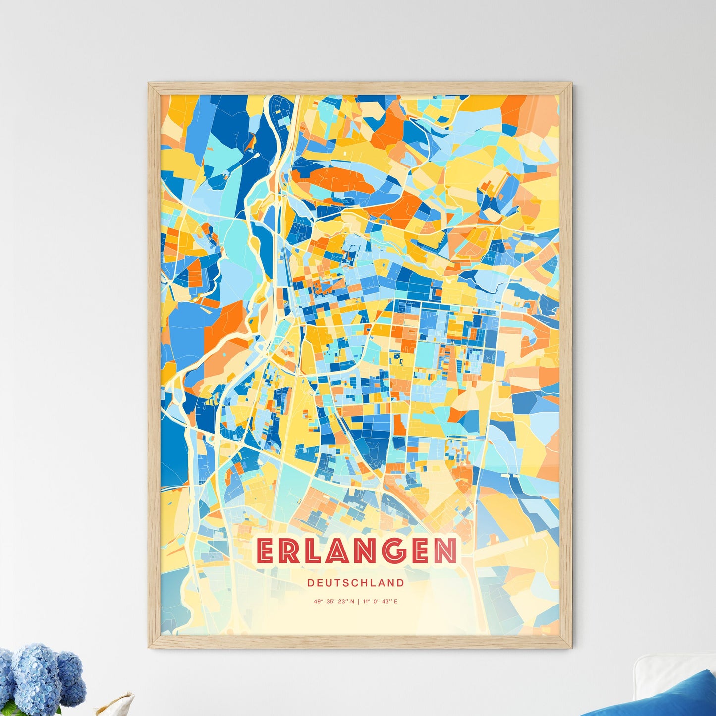 Colorful Erlangen Germany Fine Art Map Blue Orange