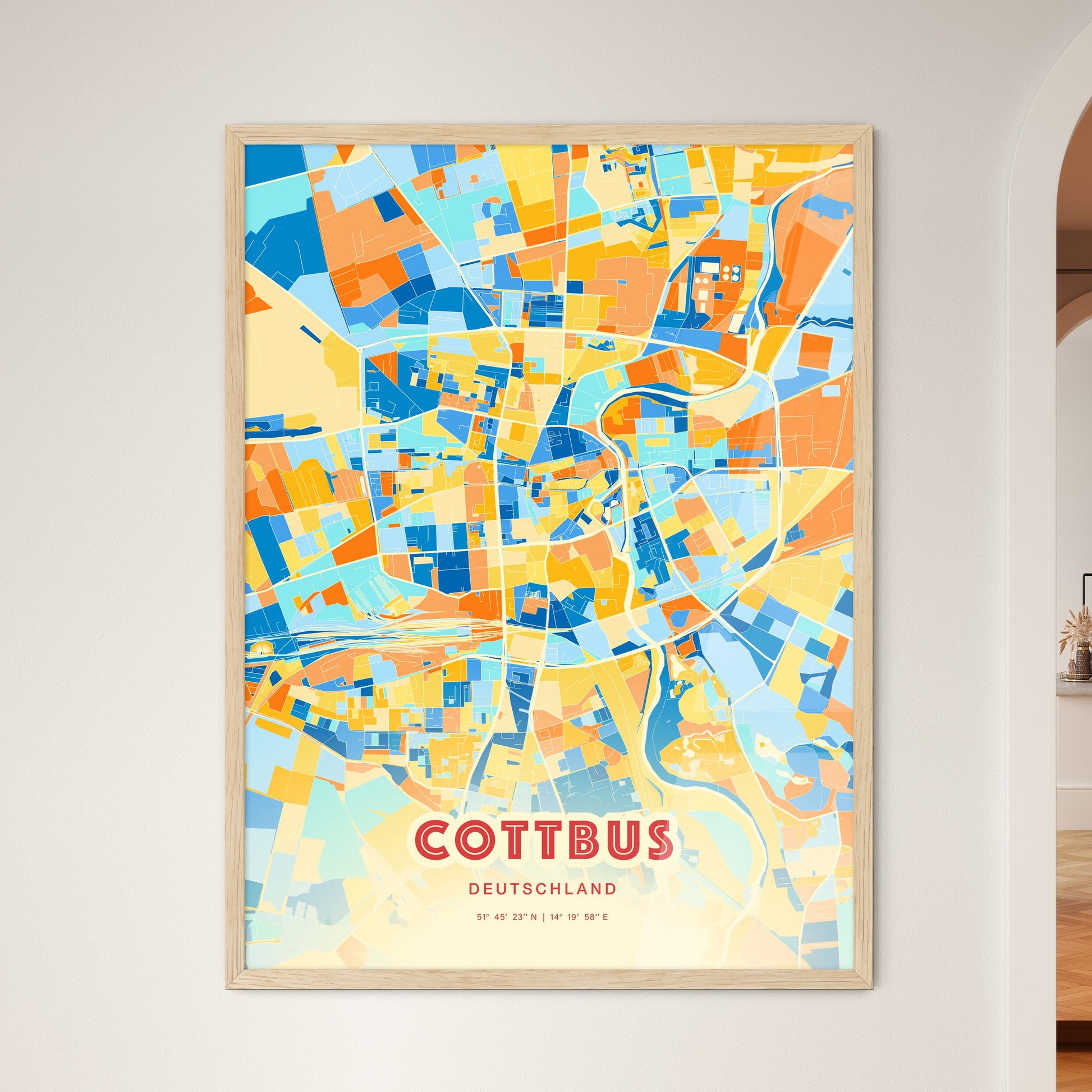 Colorful Cottbus Germany Fine Art Map Blue Orange