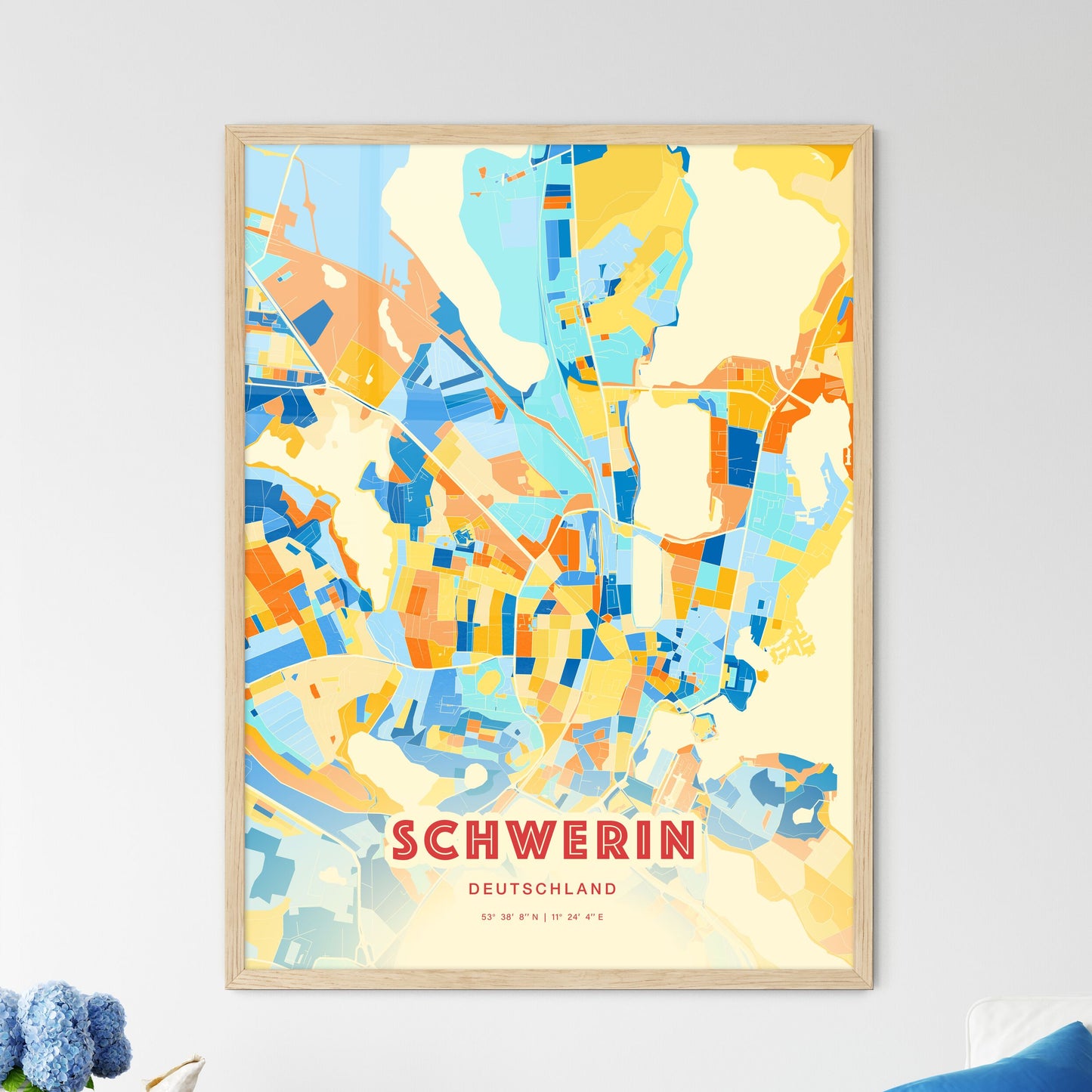 Colorful Schwerin Germany Fine Art Map Blue Orange