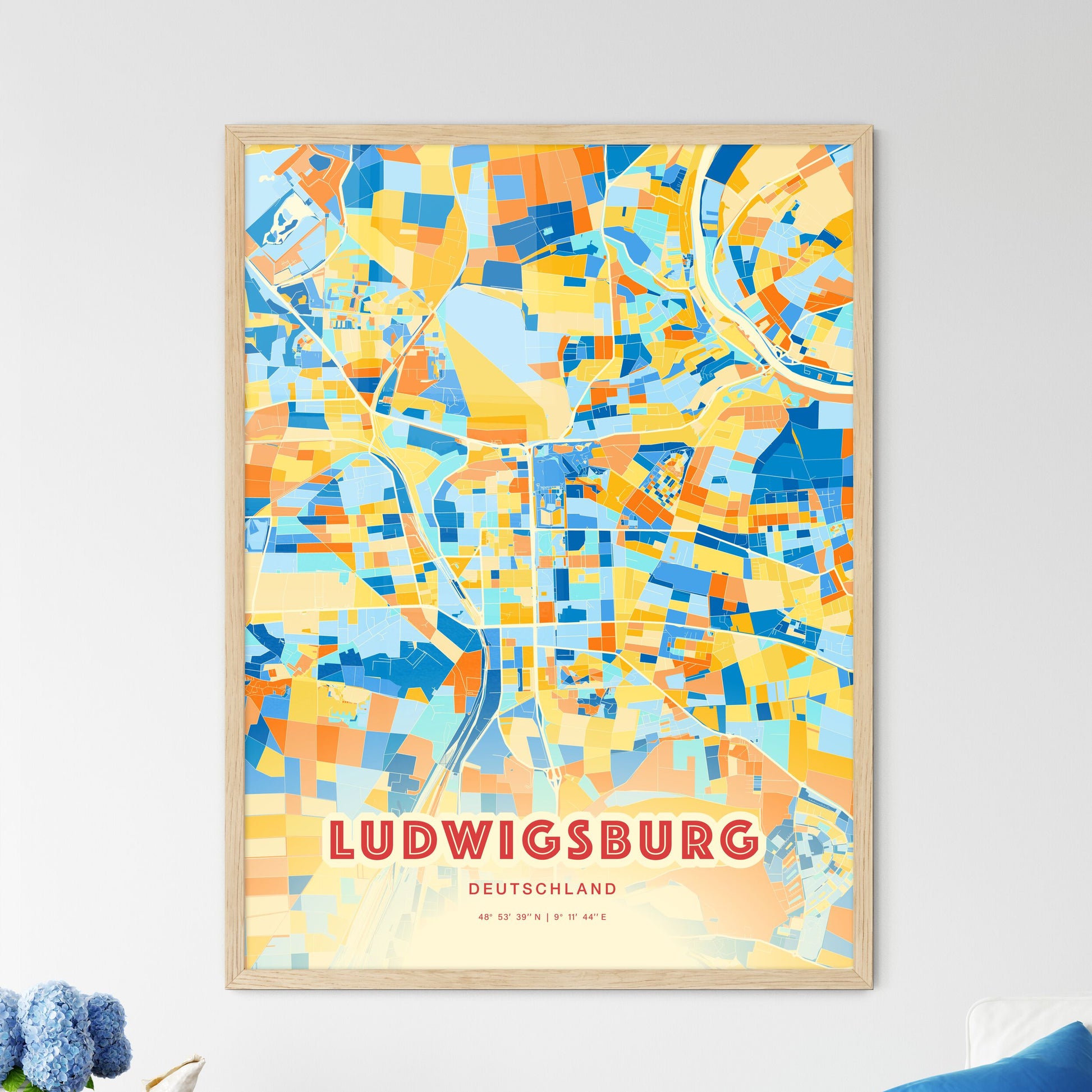 Colorful LUDWIGSBURG GERMANY Fine Art Map Blue Orange