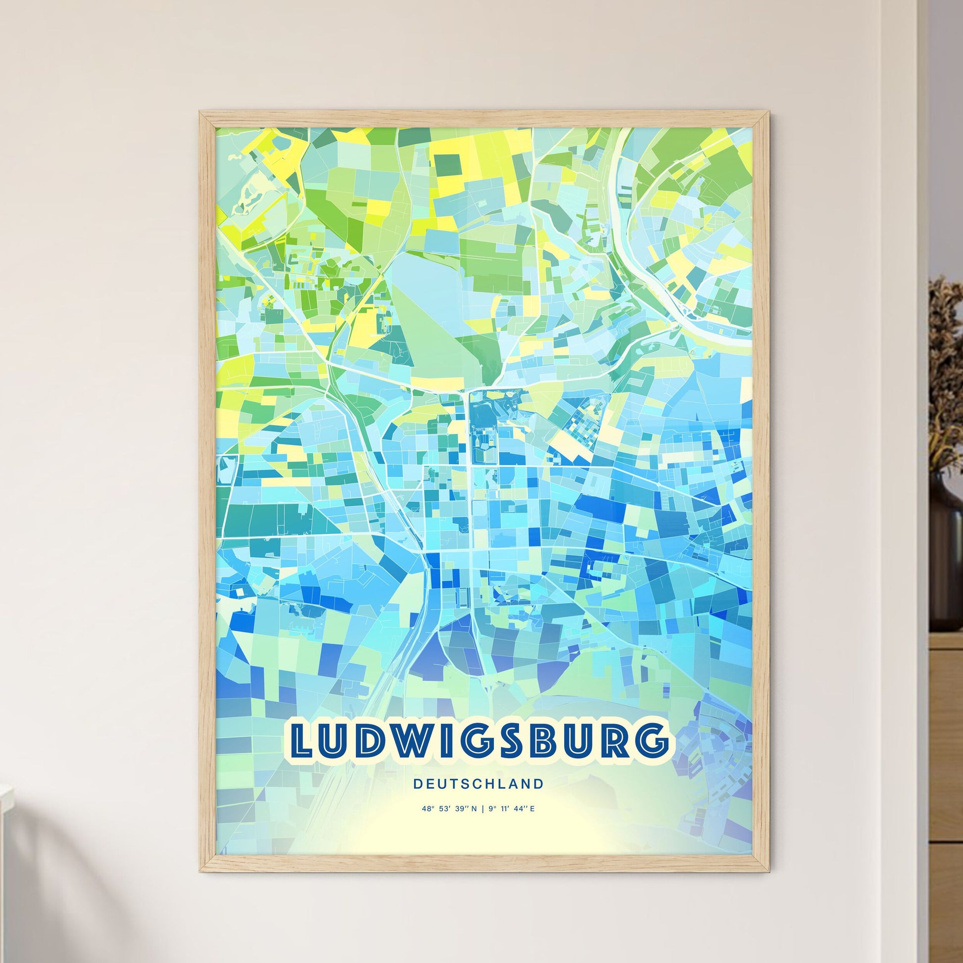 Colorful LUDWIGSBURG GERMANY Fine Art Map Cool Blue