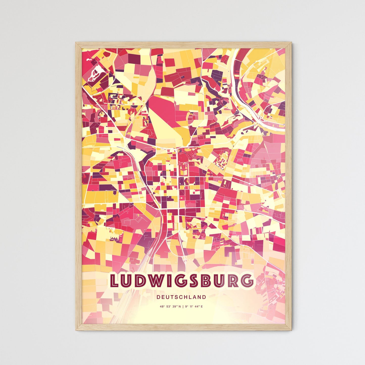 Colorful LUDWIGSBURG GERMANY Fine Art Map Hot Red