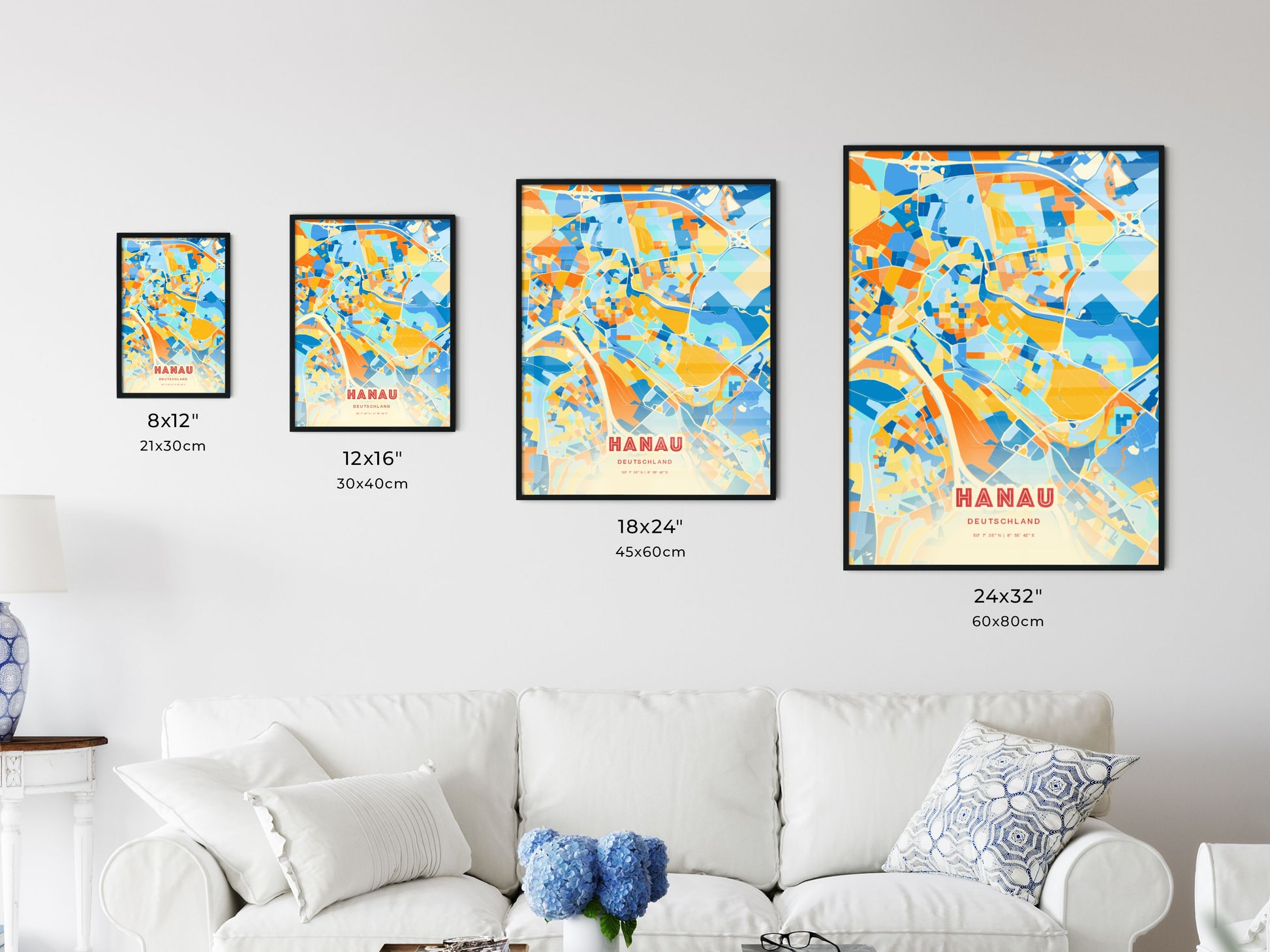 Colorful HANAU GERMANY Fine Art Map Blue Orange