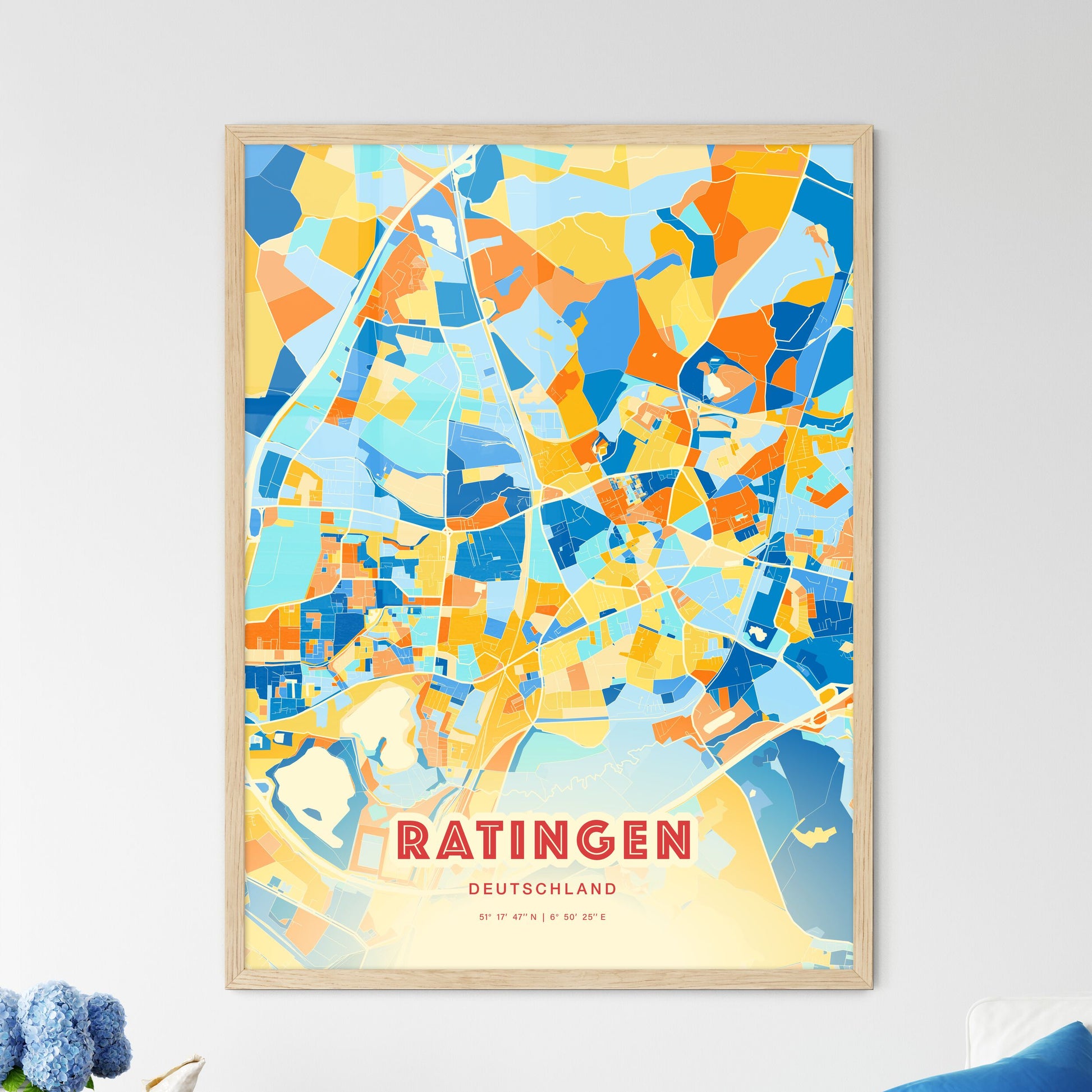 Colorful RATINGEN GERMANY Fine Art Map Blue Orange