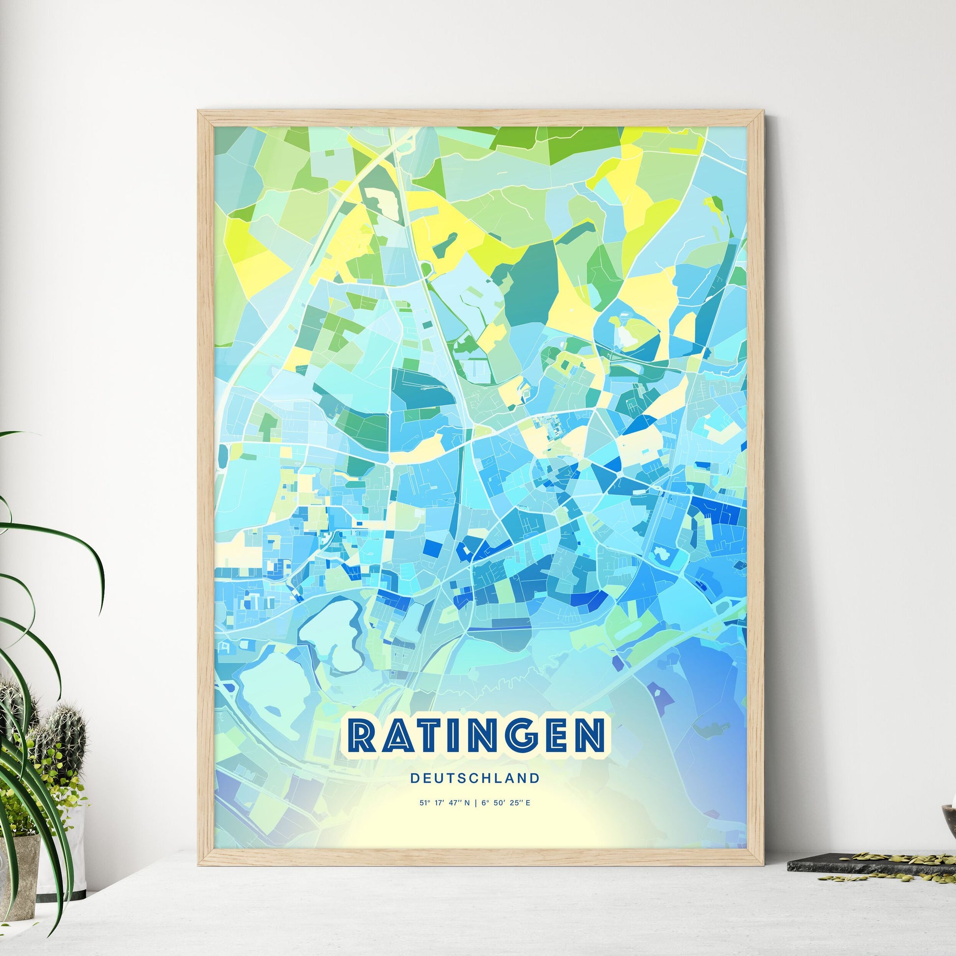 Colorful RATINGEN GERMANY Fine Art Map Cool Blue