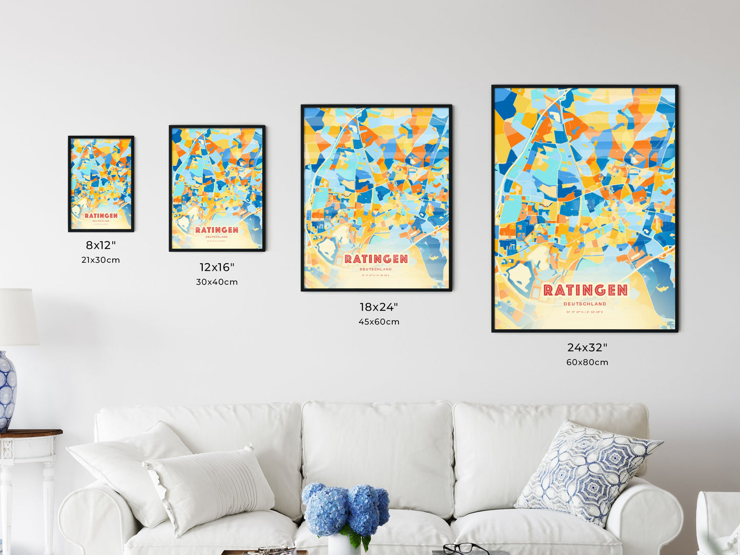 Colorful RATINGEN GERMANY Fine Art Map Blue Orange