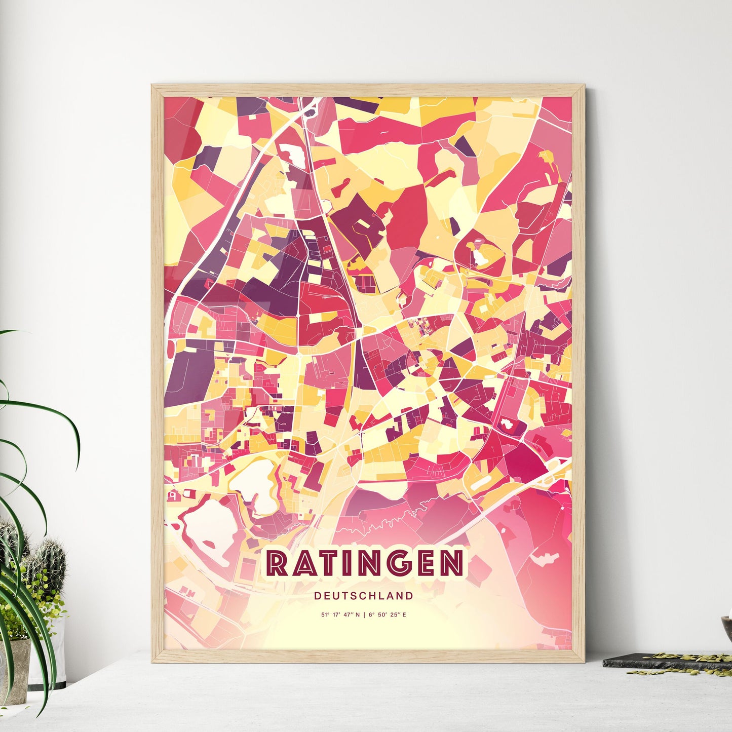 Colorful RATINGEN GERMANY Fine Art Map Hot Red