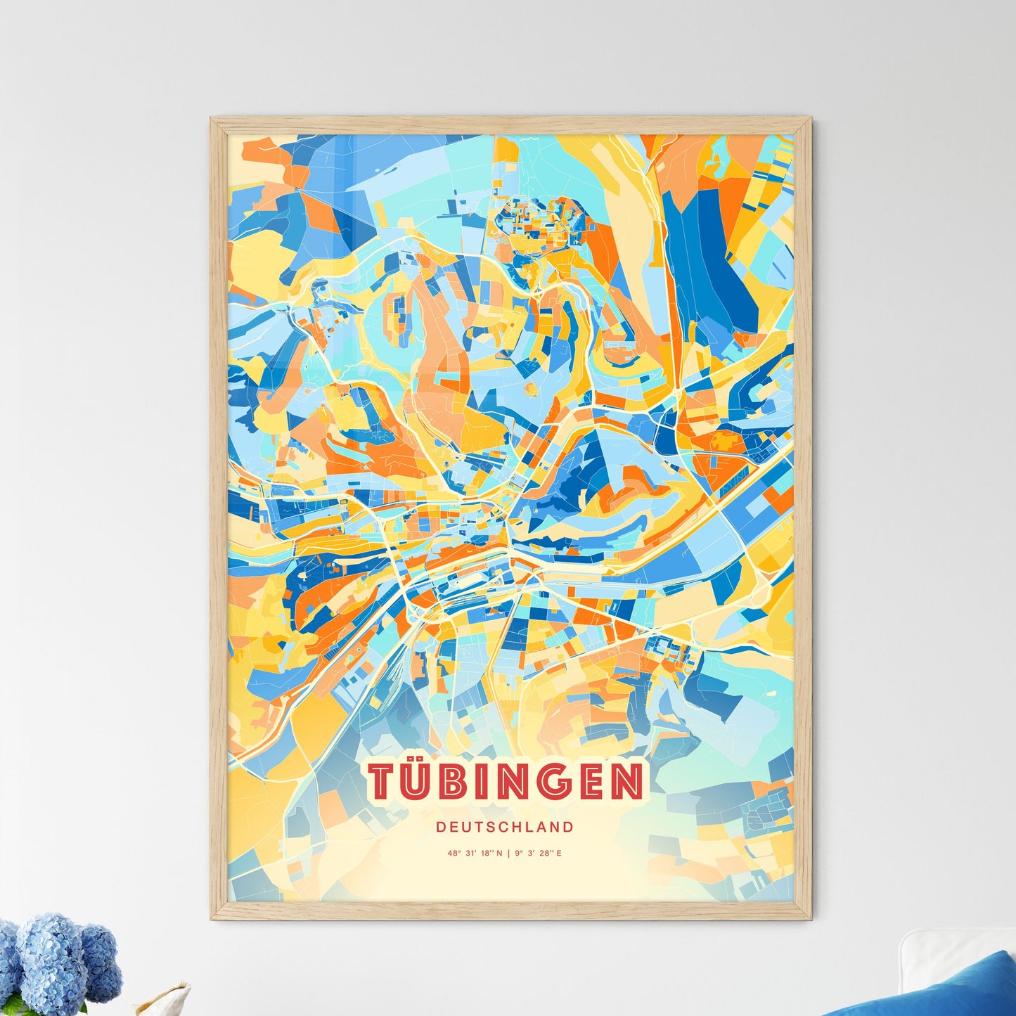 Colorful TUBINGEN GERMANY Fine Art Map Blue Orange