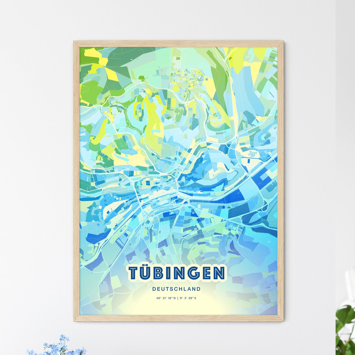 Colorful TUBINGEN GERMANY Fine Art Map Cool Blue