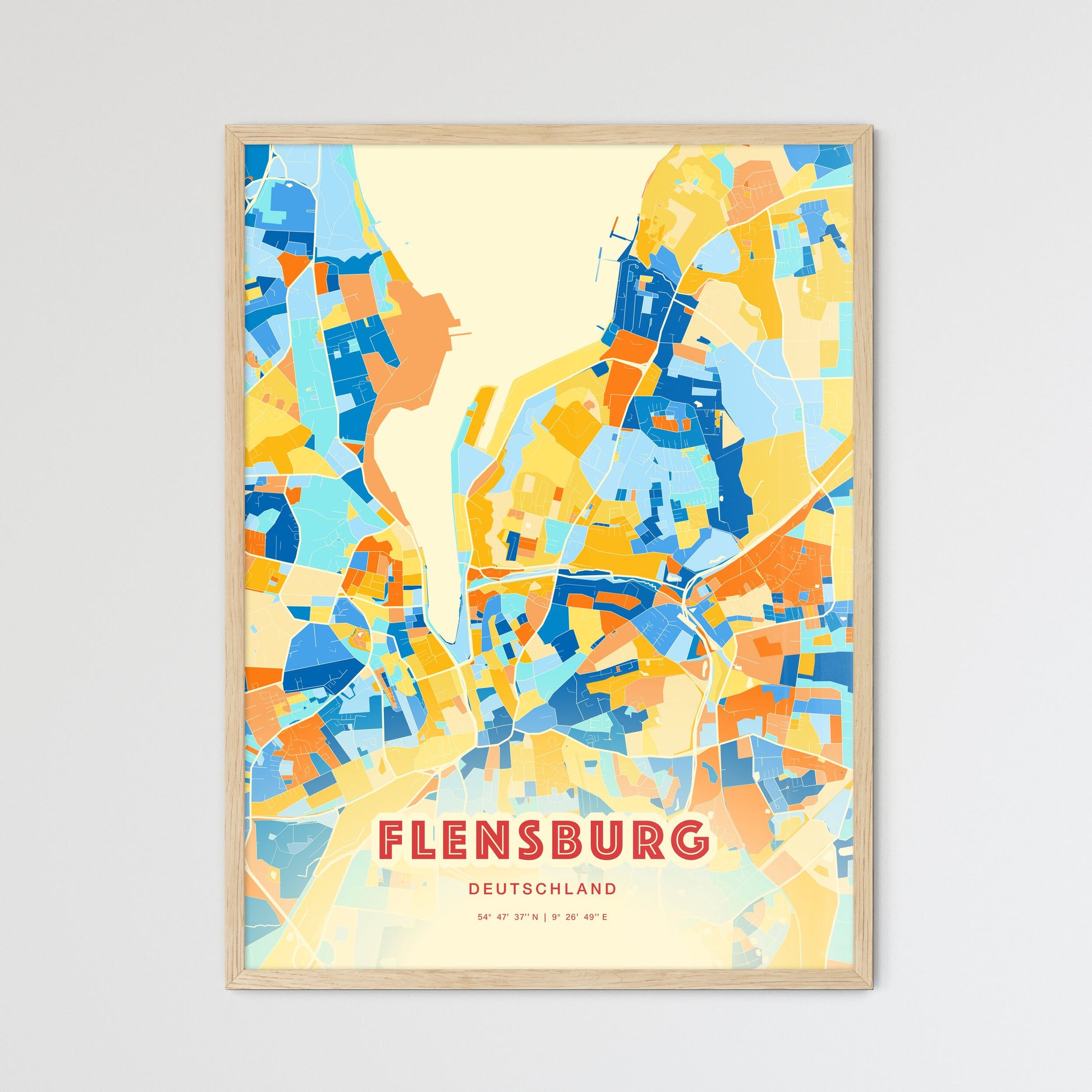 Colorful FLENSBURG GERMANY Fine Art Map Blue Orange