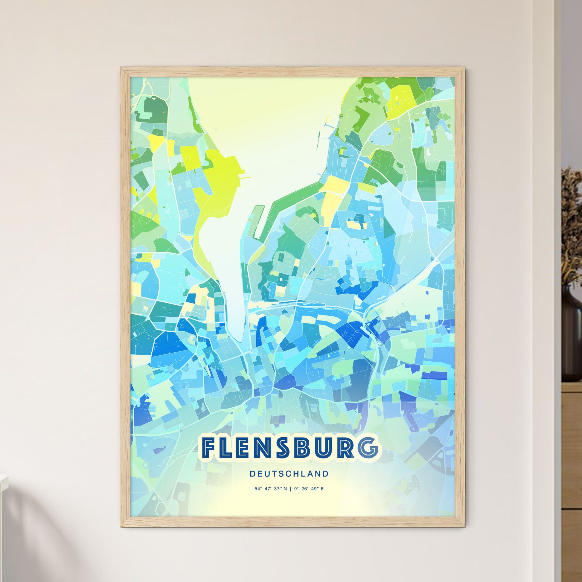 Colorful FLENSBURG GERMANY Fine Art Map Cool Blue