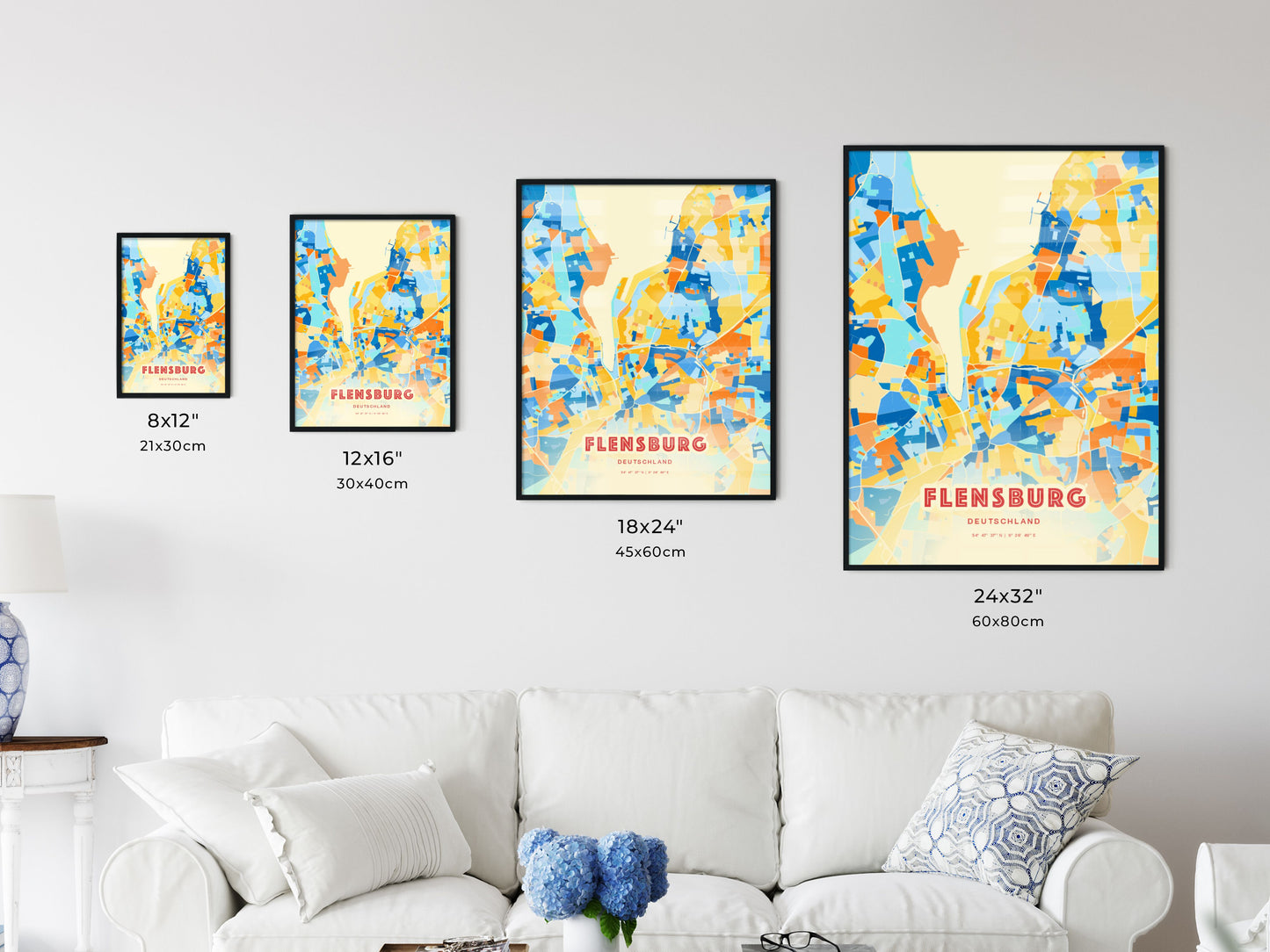 Colorful FLENSBURG GERMANY Fine Art Map Blue Orange