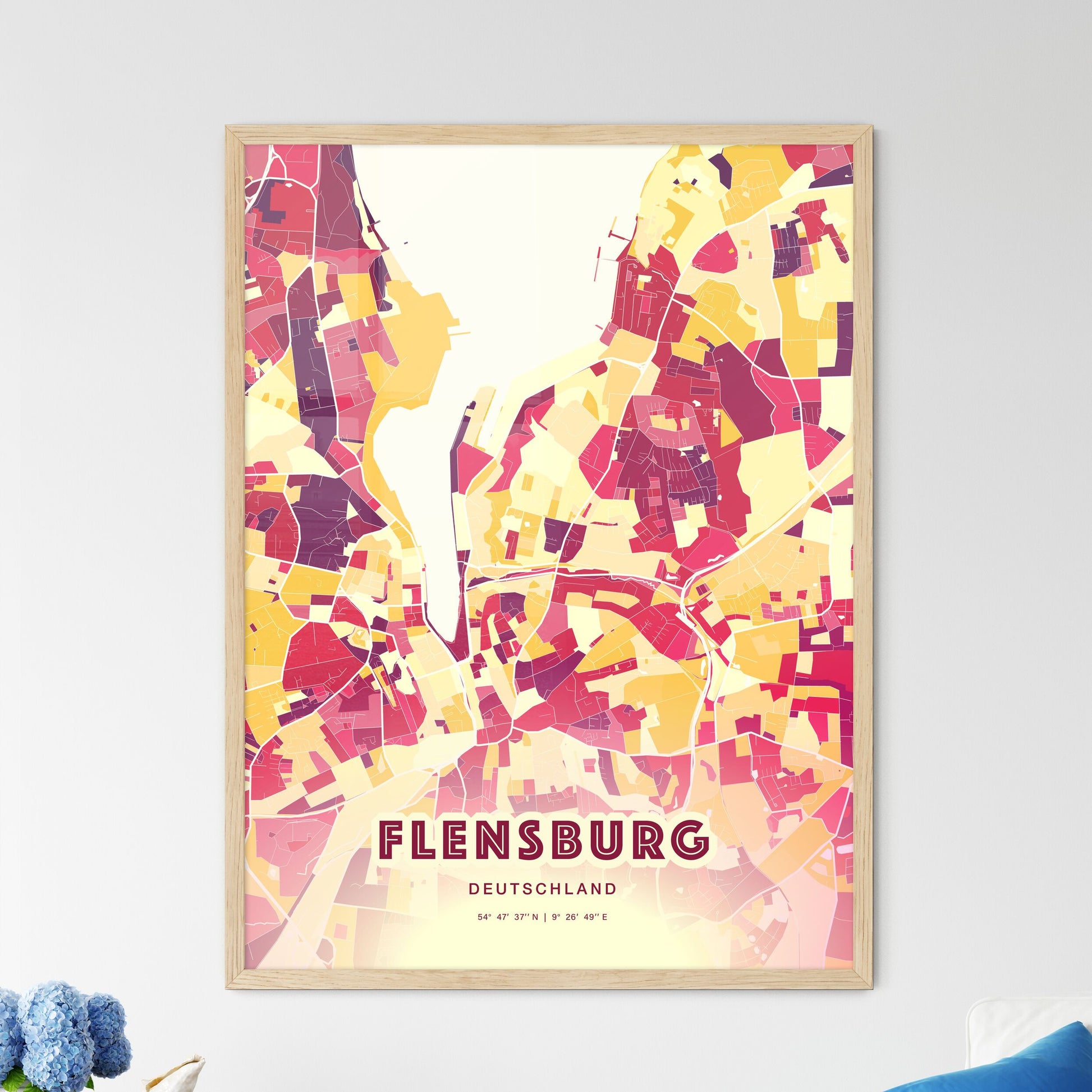 Colorful FLENSBURG GERMANY Fine Art Map Hot Red