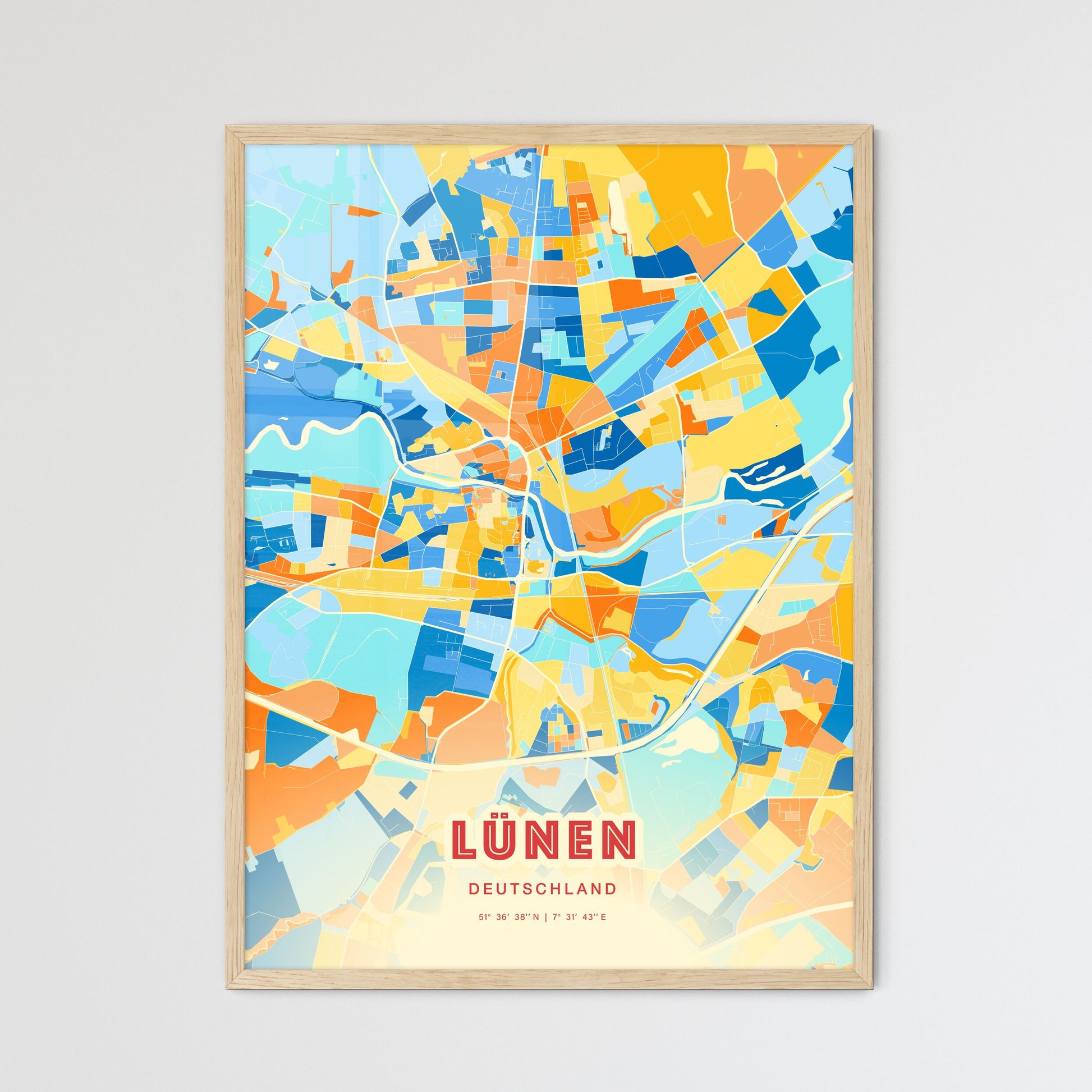 Colorful LUNEN GERMANY Fine Art Map Blue Orange