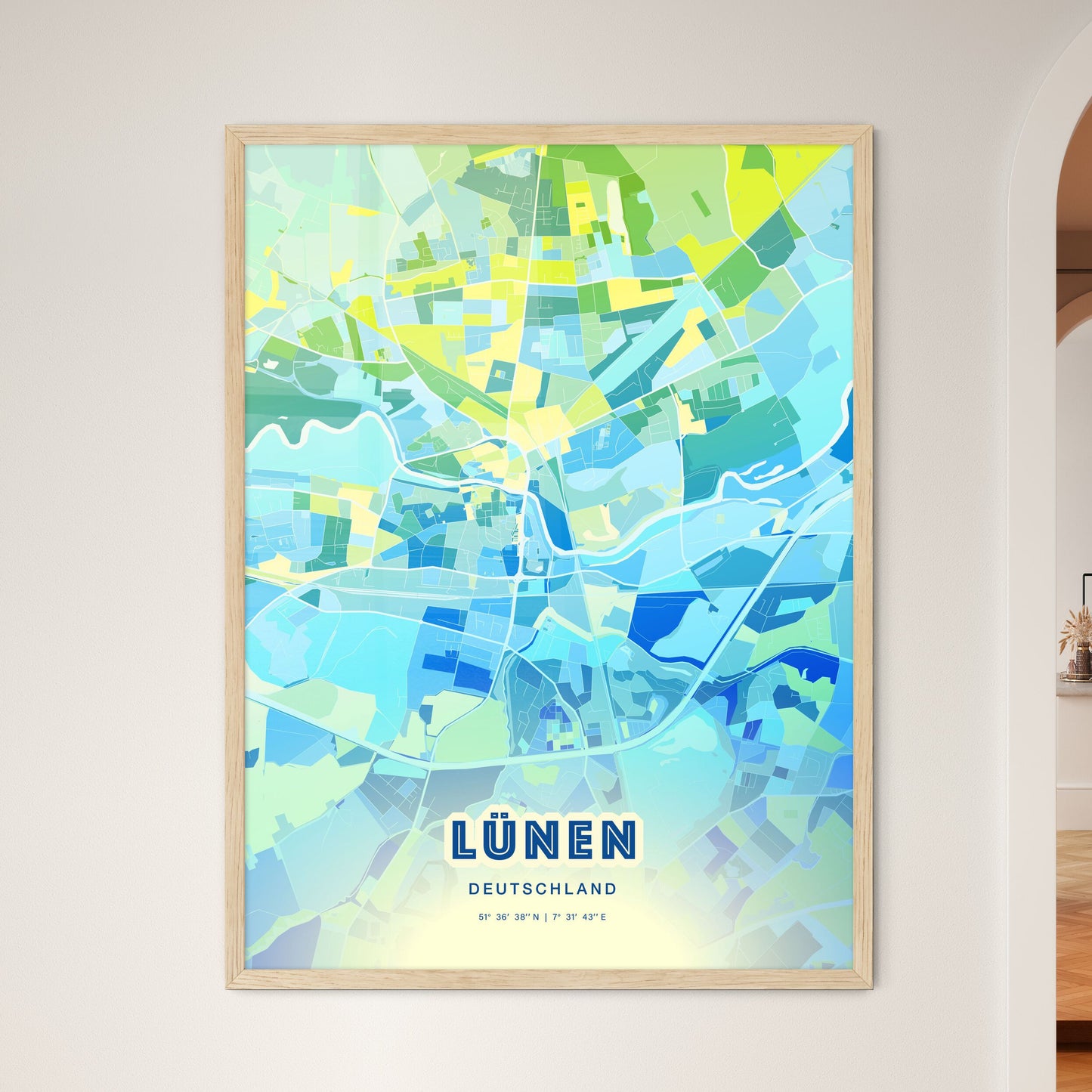 Colorful LUNEN GERMANY Fine Art Map Cool Blue