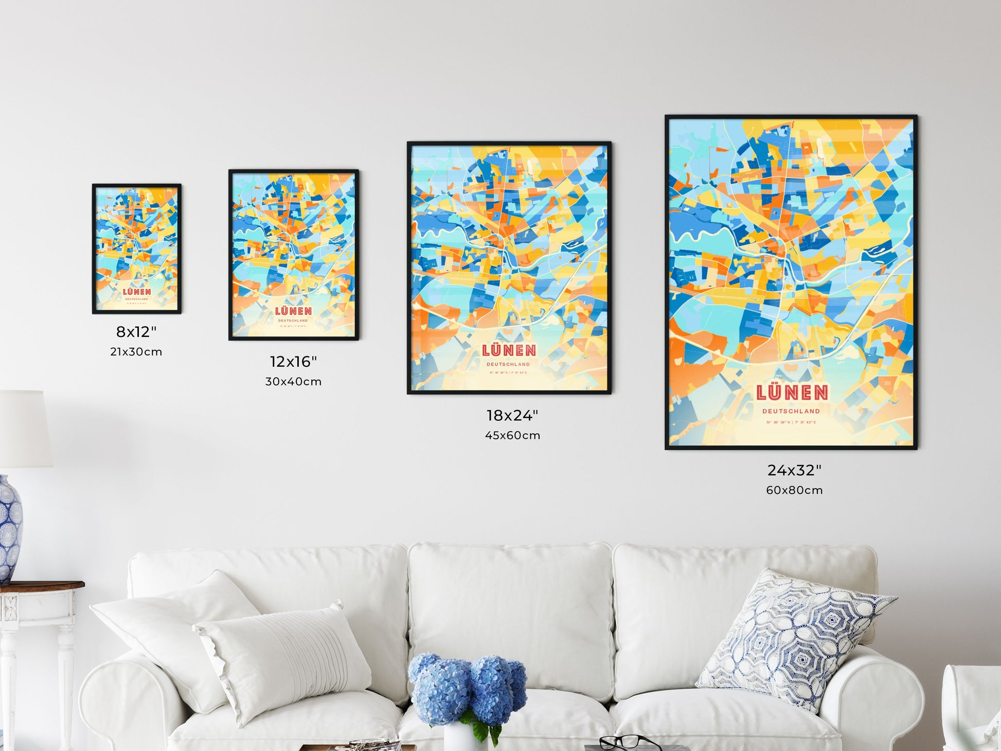 Colorful LUNEN GERMANY Fine Art Map Blue Orange