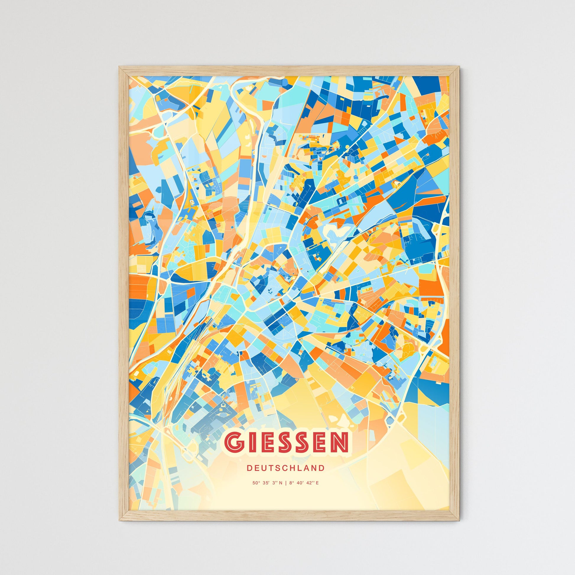 Colorful Giessen Germany Fine Art Map Blue Orange