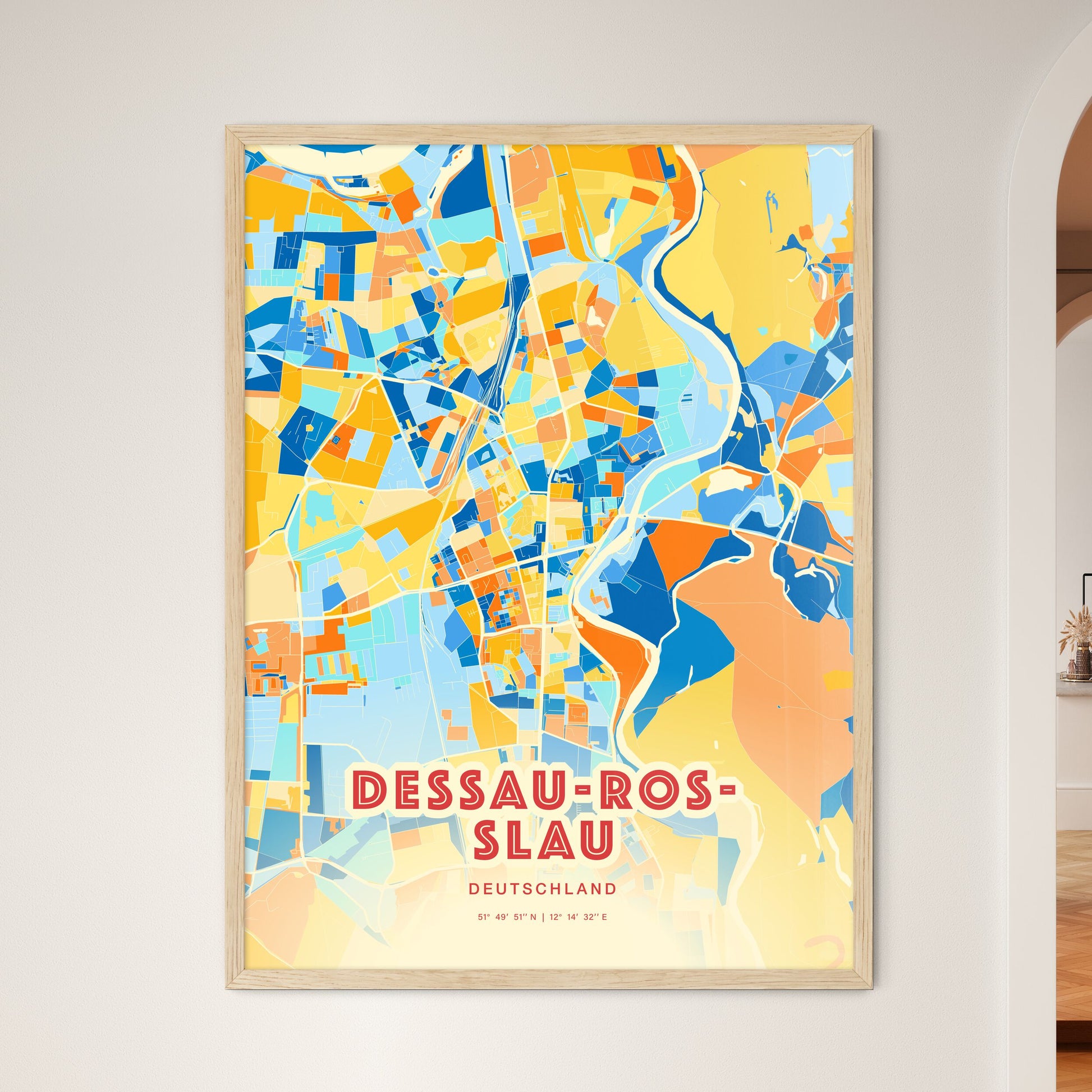 Colorful Dessau-Rosslau Germany Fine Art Map Blue Orange