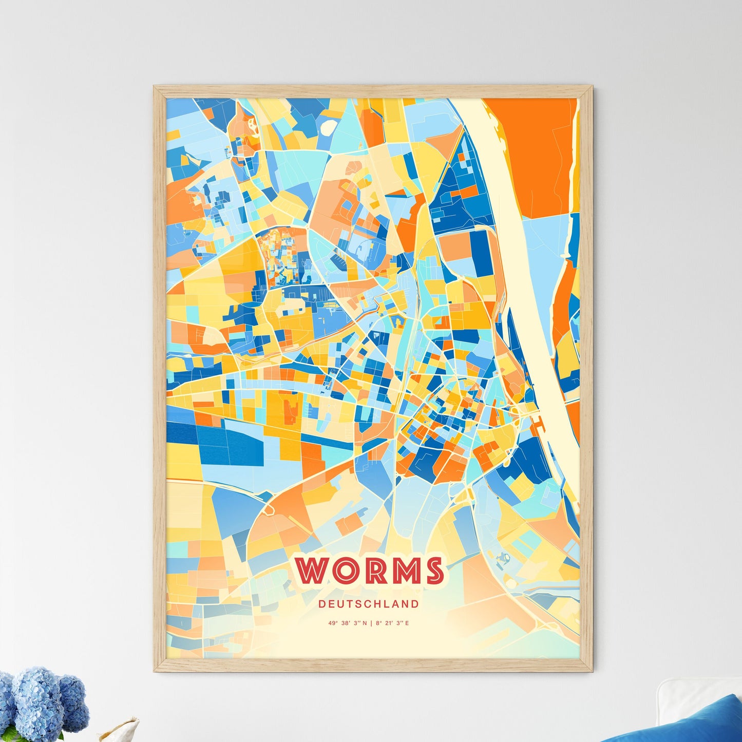 Colorful Worms Germany Fine Art Map Blue Orange