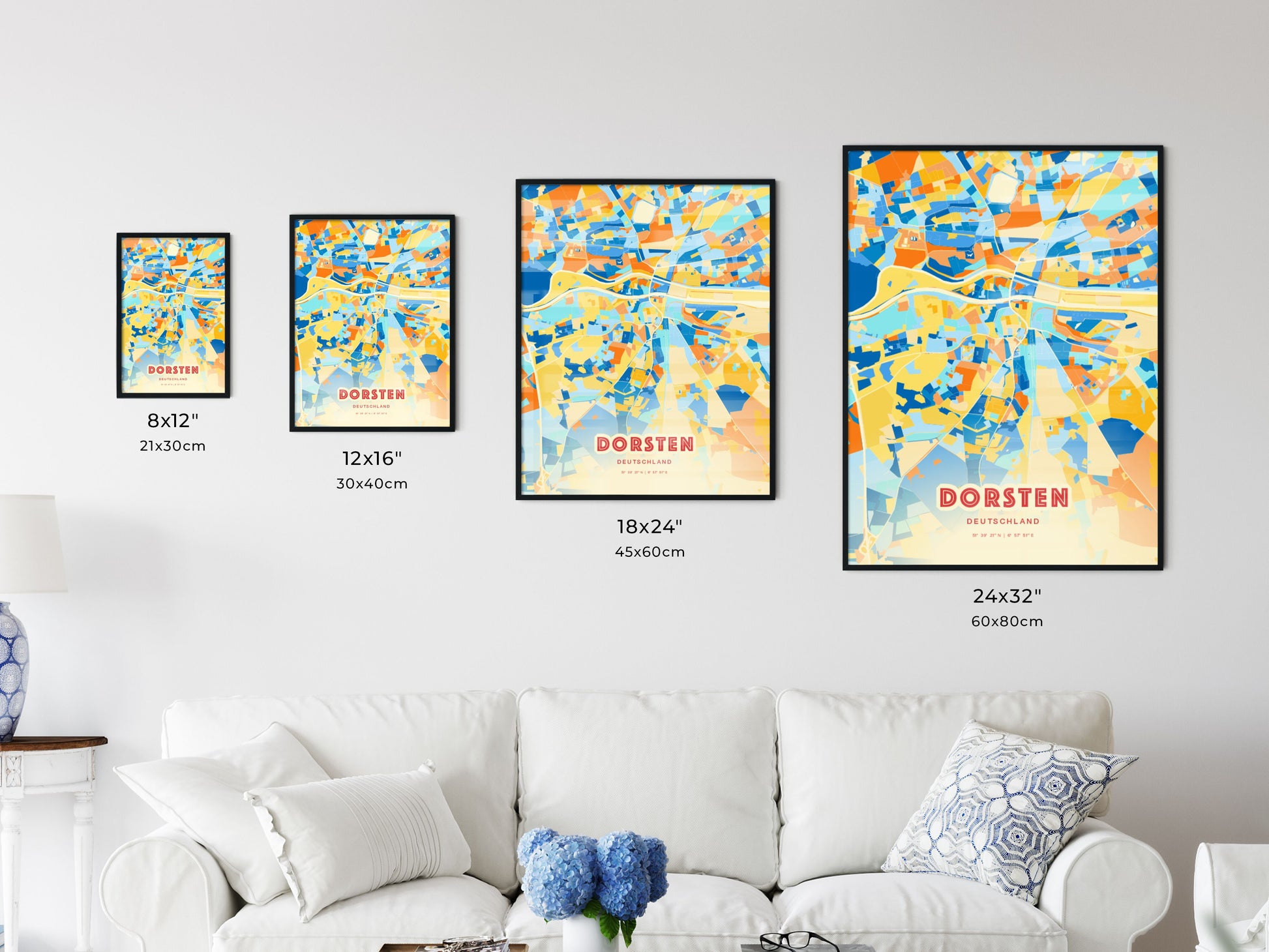 Colorful DORSTEN GERMANY Fine Art Map Blue Orange