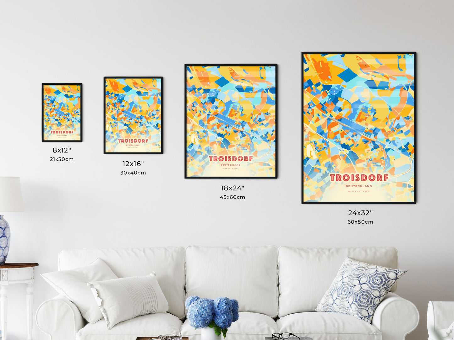 Colorful TROISDORF GERMANY Fine Art Map Blue Orange