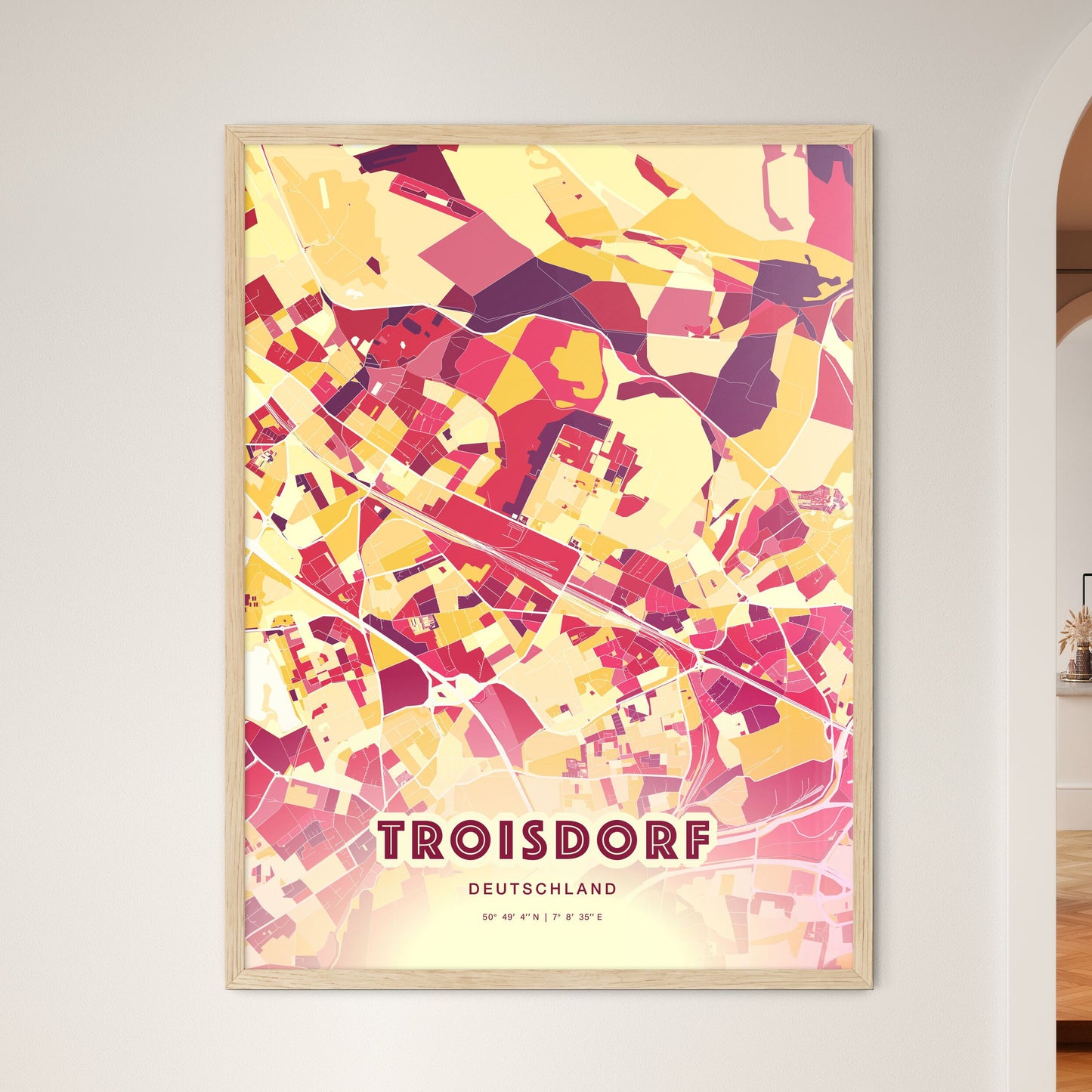 Colorful TROISDORF GERMANY Fine Art Map Hot Red