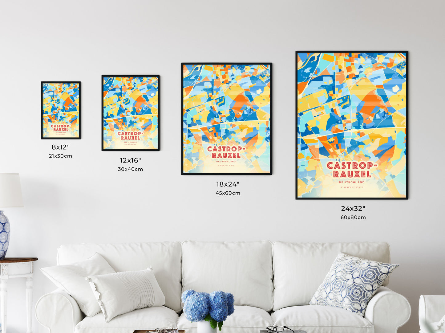 Colorful CASTROP-RAUXEL GERMANY Fine Art Map Blue Orange