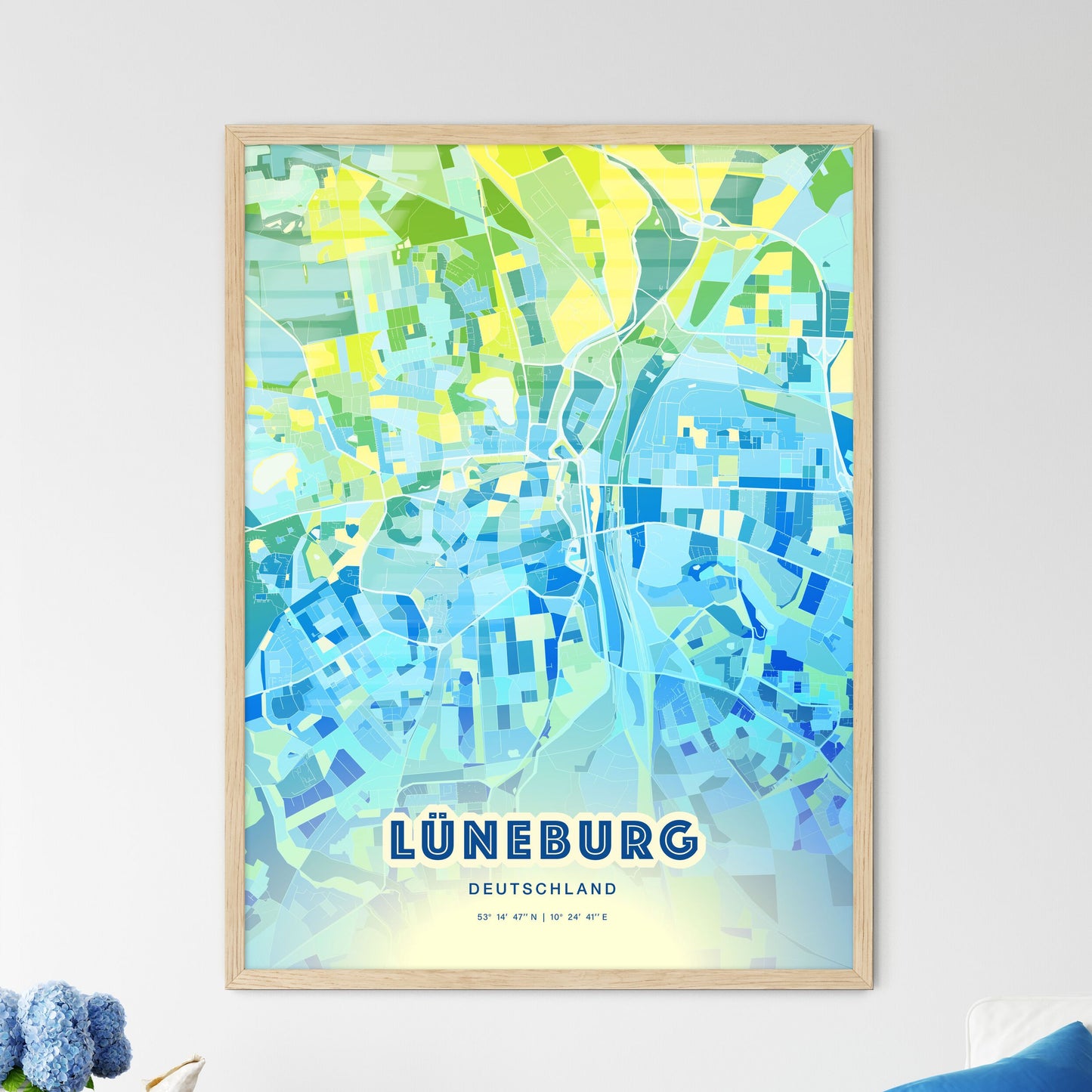 Colorful LUNEBURG GERMANY Fine Art Map Cool Blue