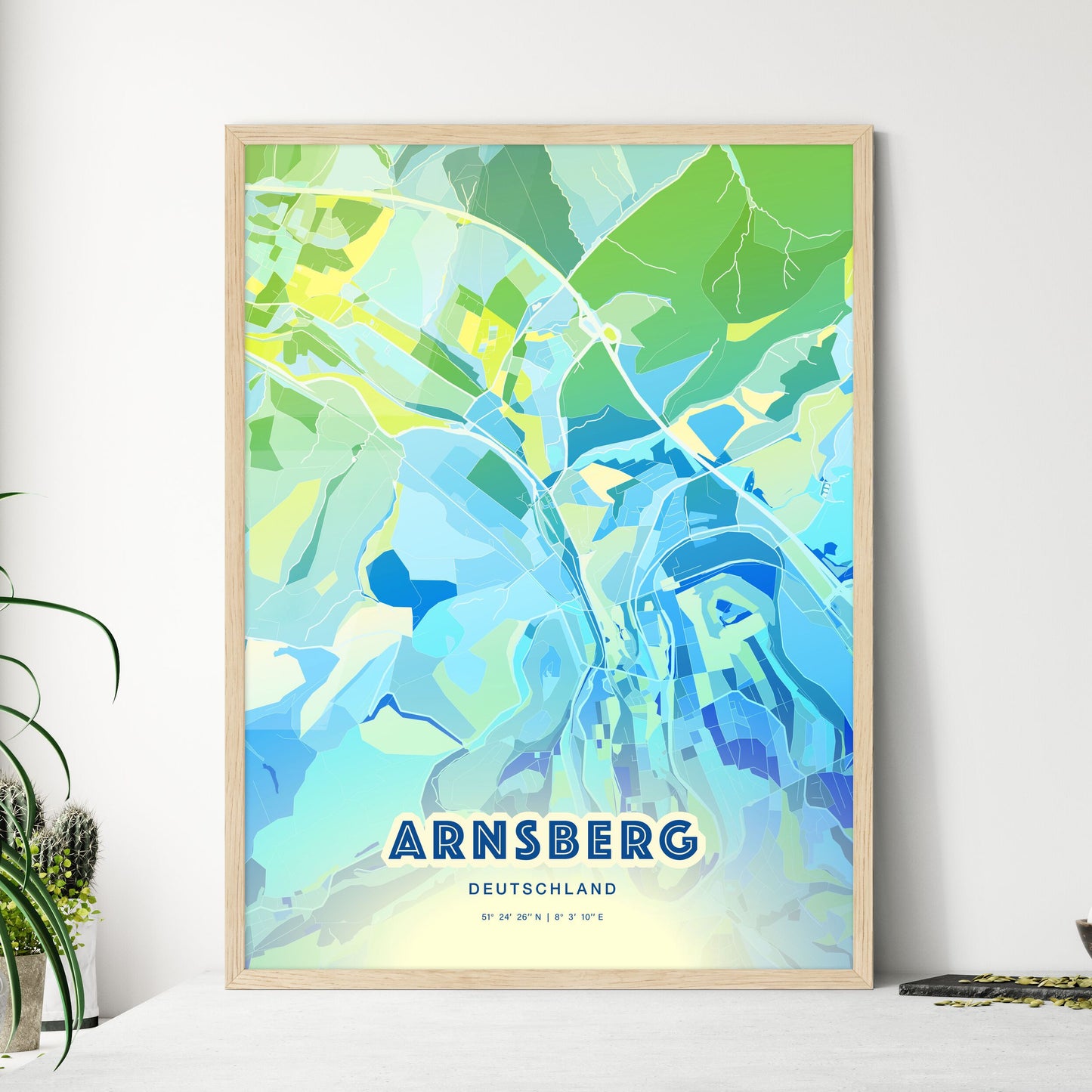 Colorful ARNSBERG GERMANY Fine Art Map Cool Blue