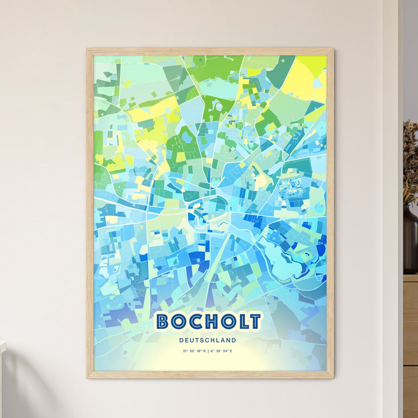 Colorful BOCHOLT GERMANY Fine Art Map Cool Blue