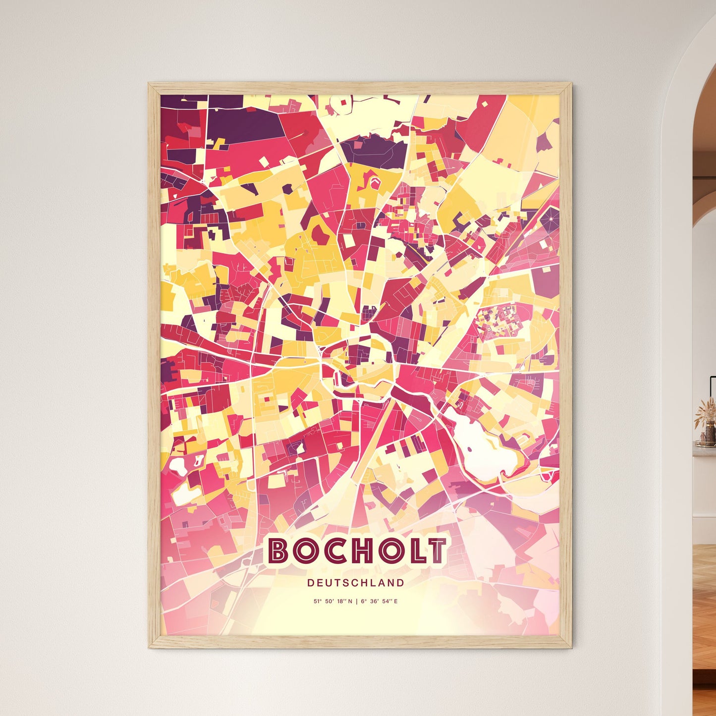 Colorful BOCHOLT GERMANY Fine Art Map Hot Red