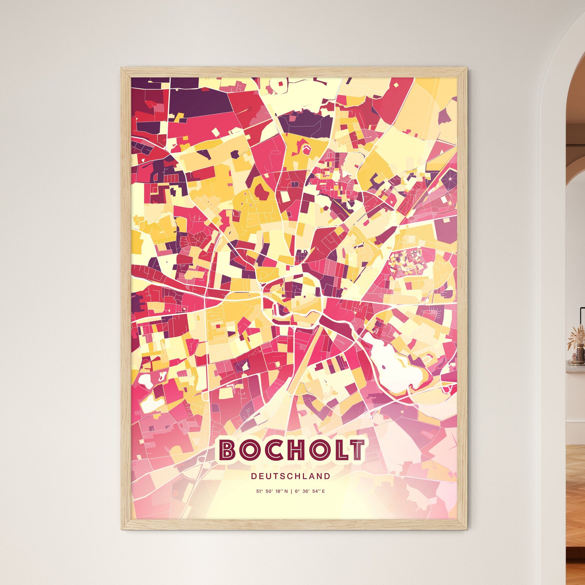 Colorful BOCHOLT GERMANY Fine Art Map Hot Red