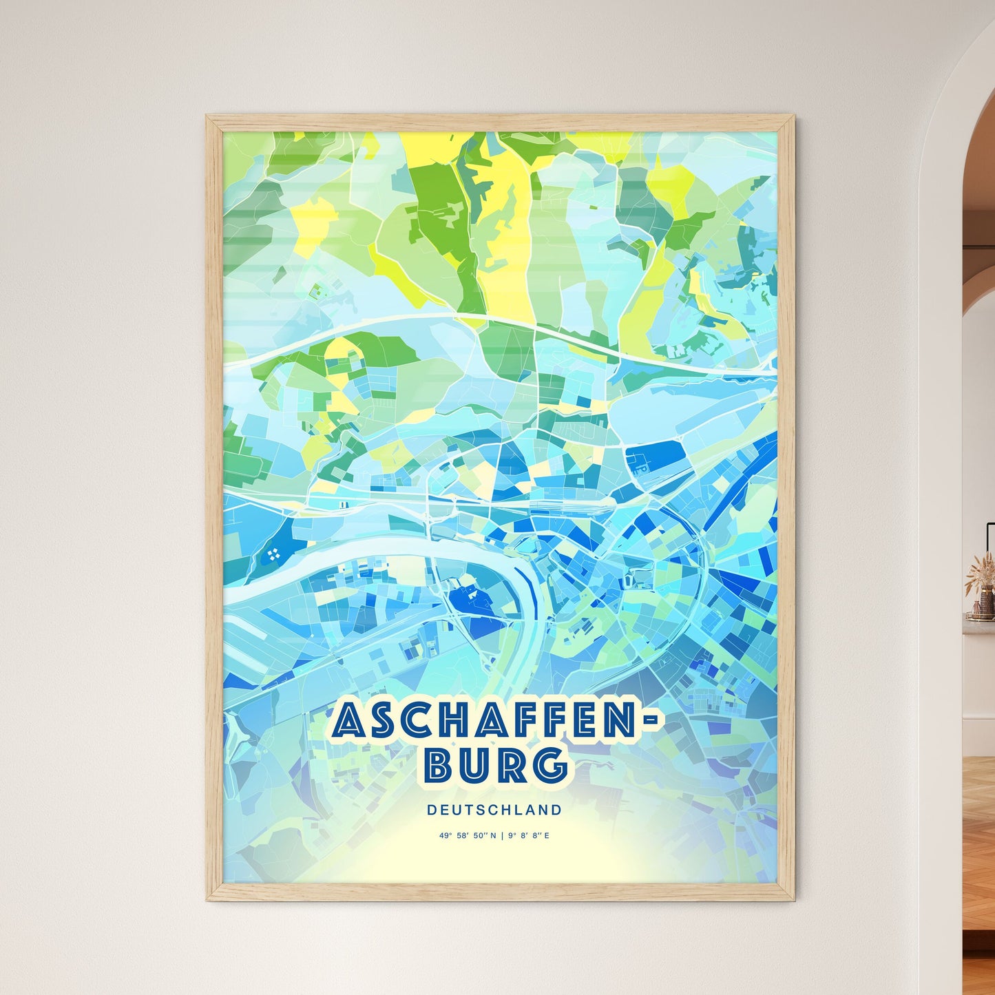 Colorful ASCHAFFENBURG GERMANY Fine Art Map Cool Blue