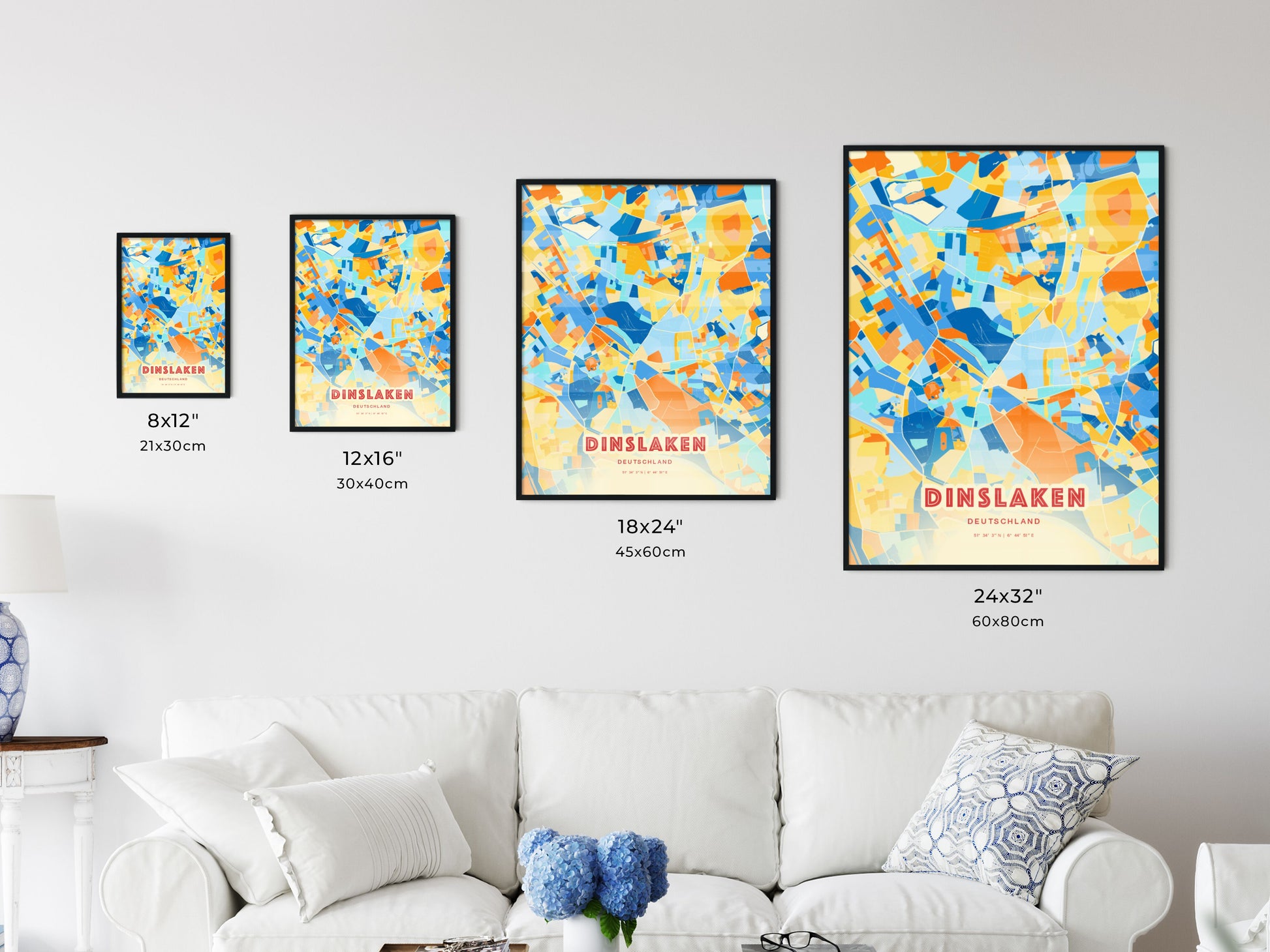 Colorful DINSLAKEN GERMANY Fine Art Map Blue Orange