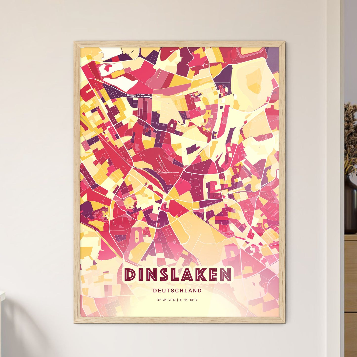 Colorful DINSLAKEN GERMANY Fine Art Map Hot Red