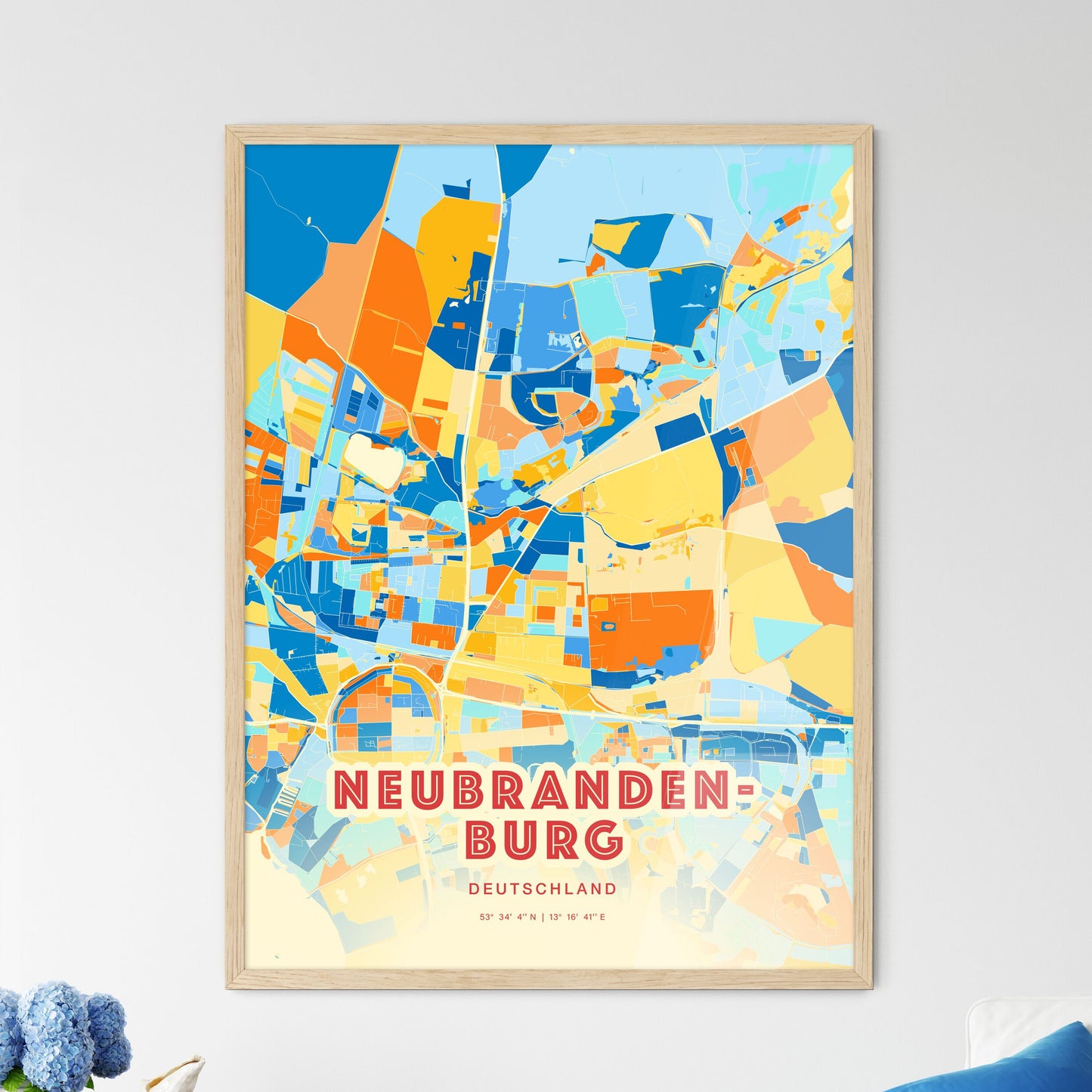 Colorful NEUBRANDENBURG GERMANY Fine Art Map Blue Orange