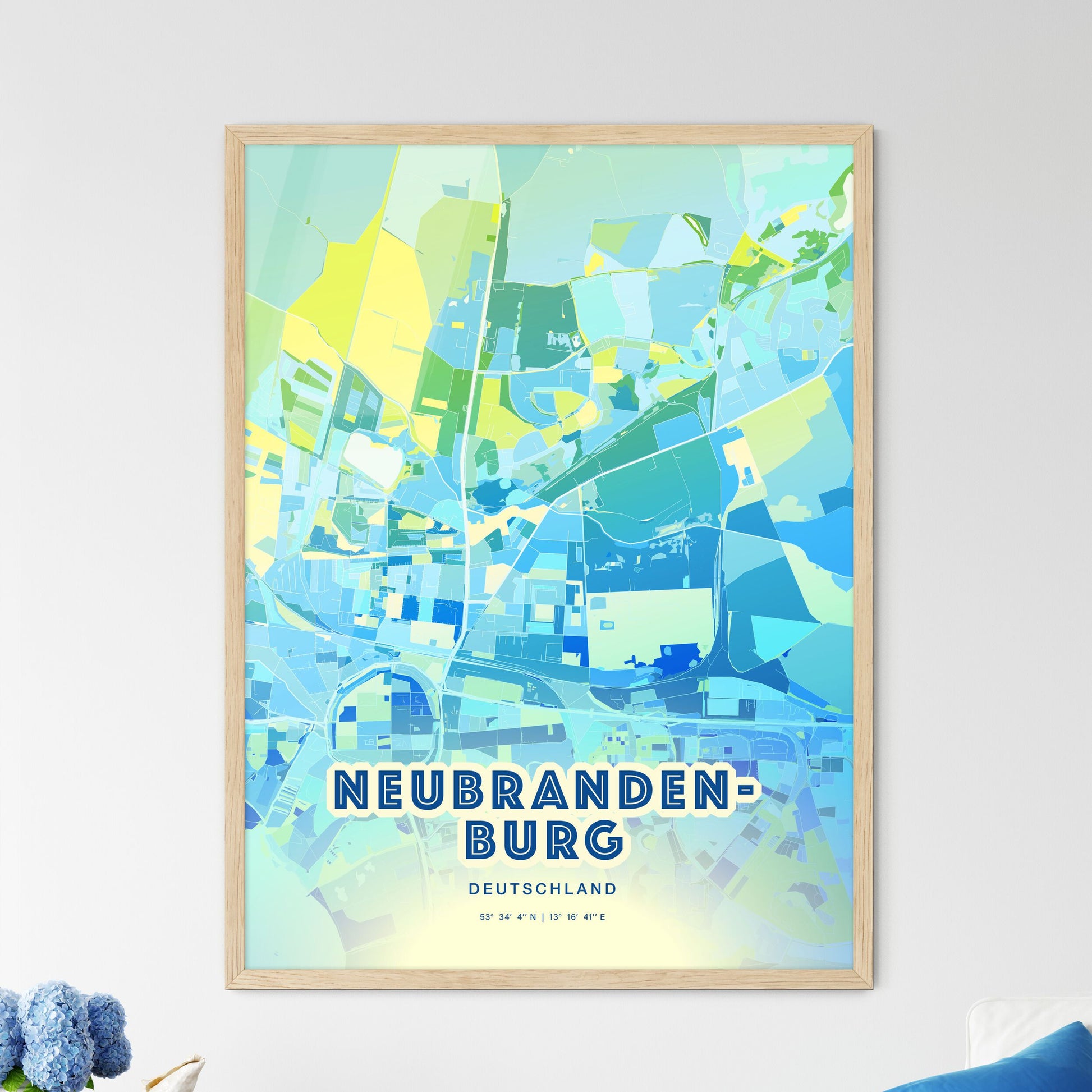 Colorful NEUBRANDENBURG GERMANY Fine Art Map Cool Blue